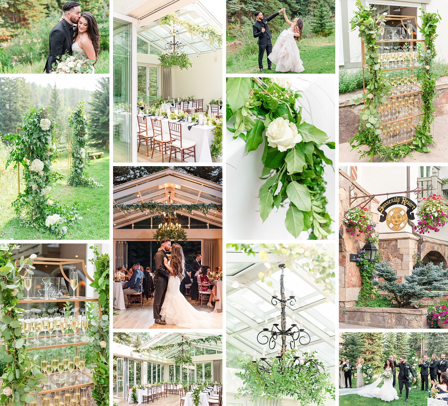 A green themed wedding ceremony and reception details outdoors at a mountain resort