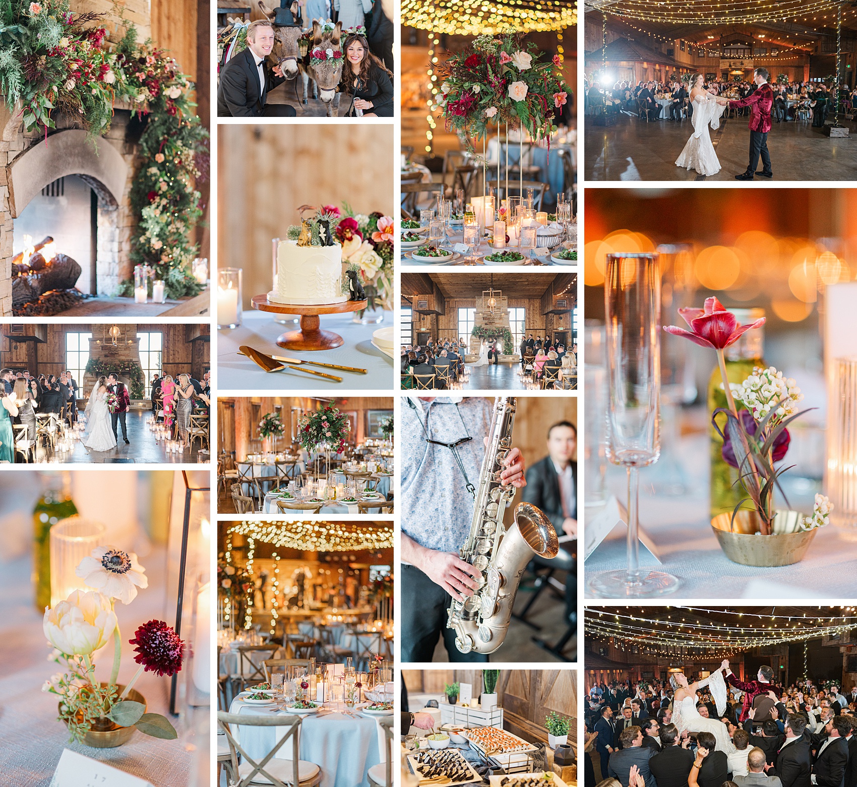 Details around a beautiful wedding reception outdoors under market lights with live music and dancing