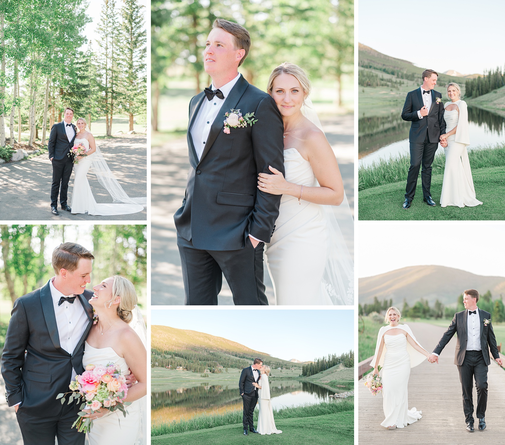 Newlyweds cuddle, kiss and walk holding hands by an alpine lake