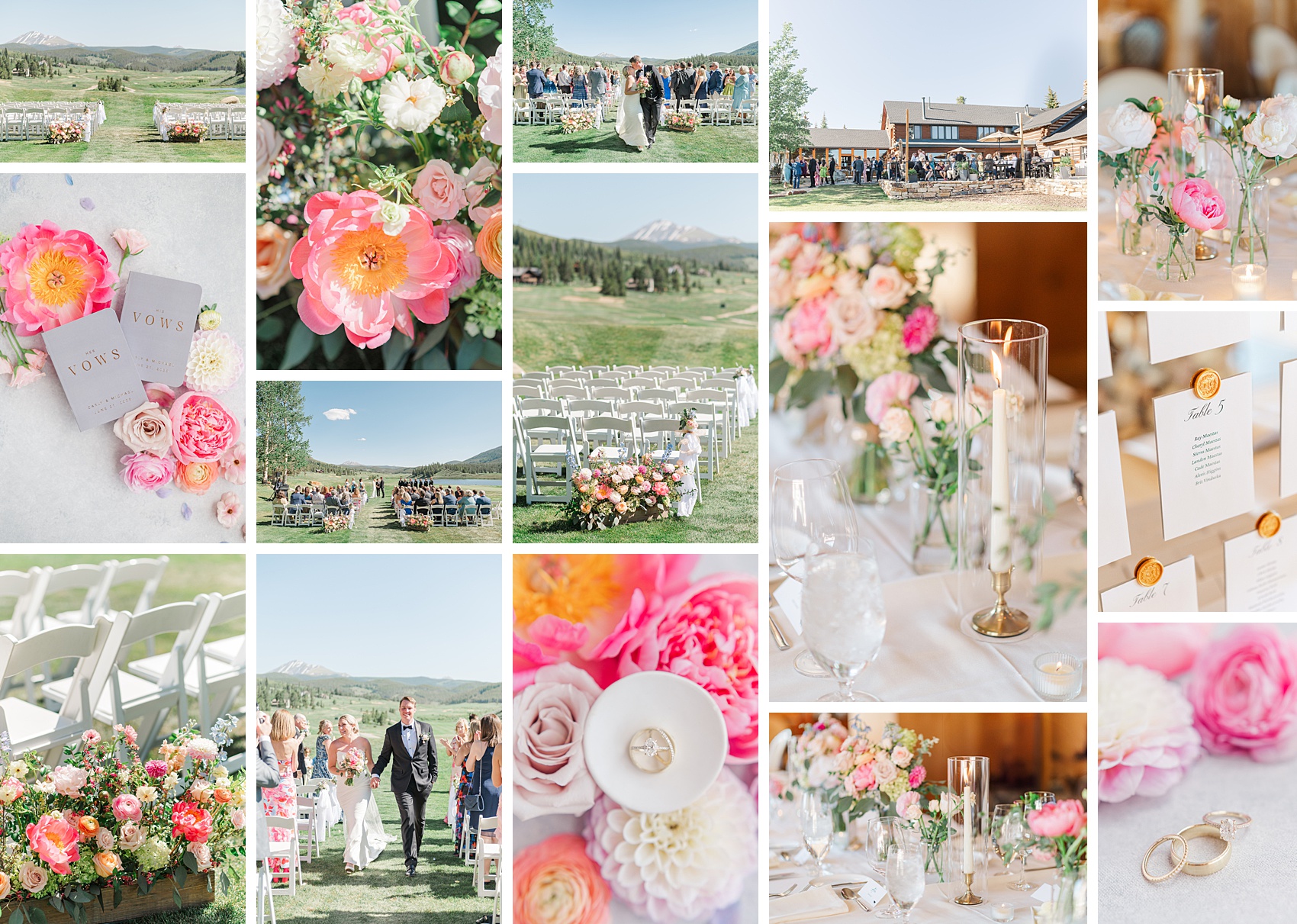 Details of an outdoor ceremony set up by Colorado wedding planners with pink and white roses, candles and white charis