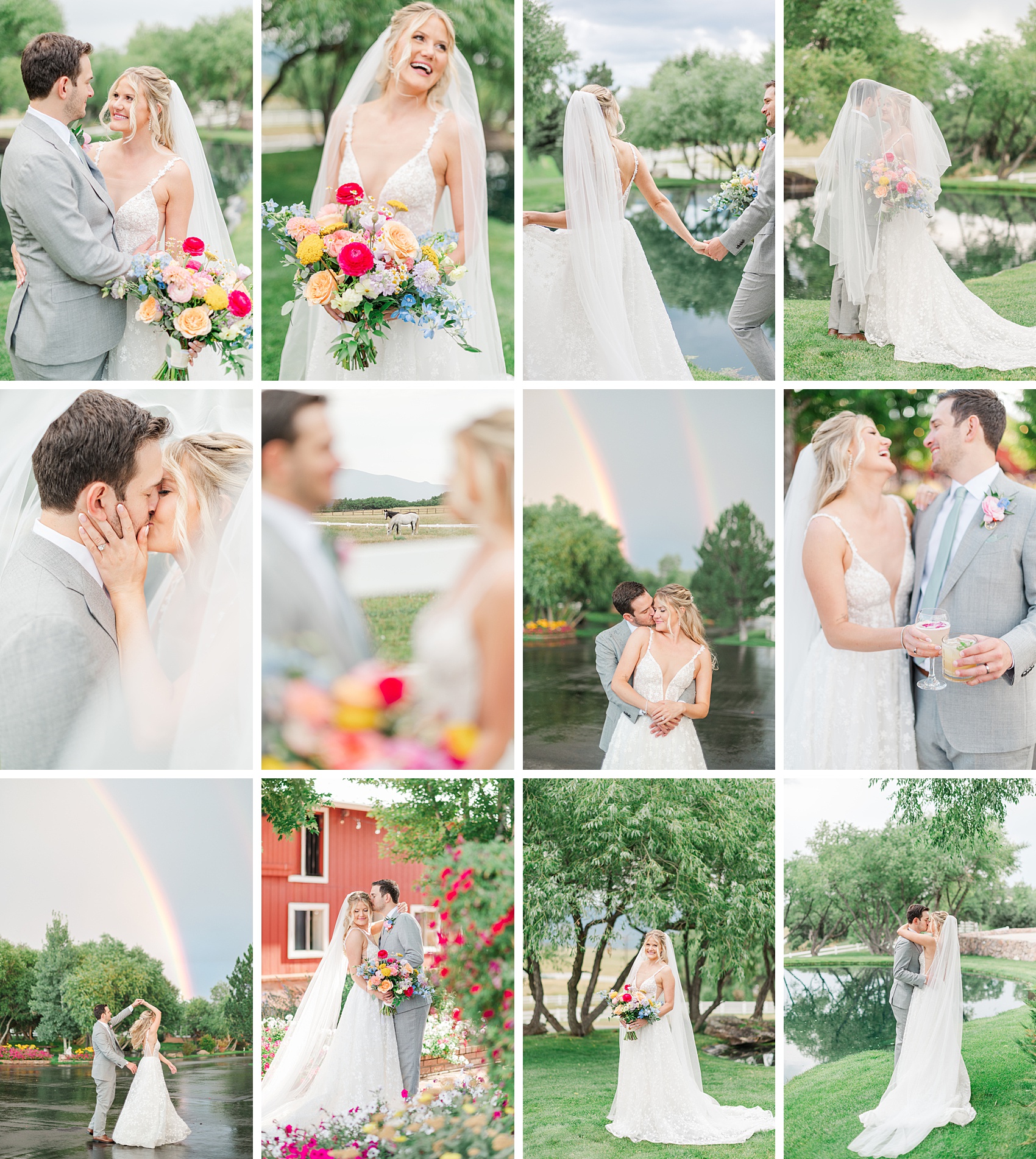A collection of images of a bride and groom dancing, laughing and kissing around a stunning venue with a double rainbow