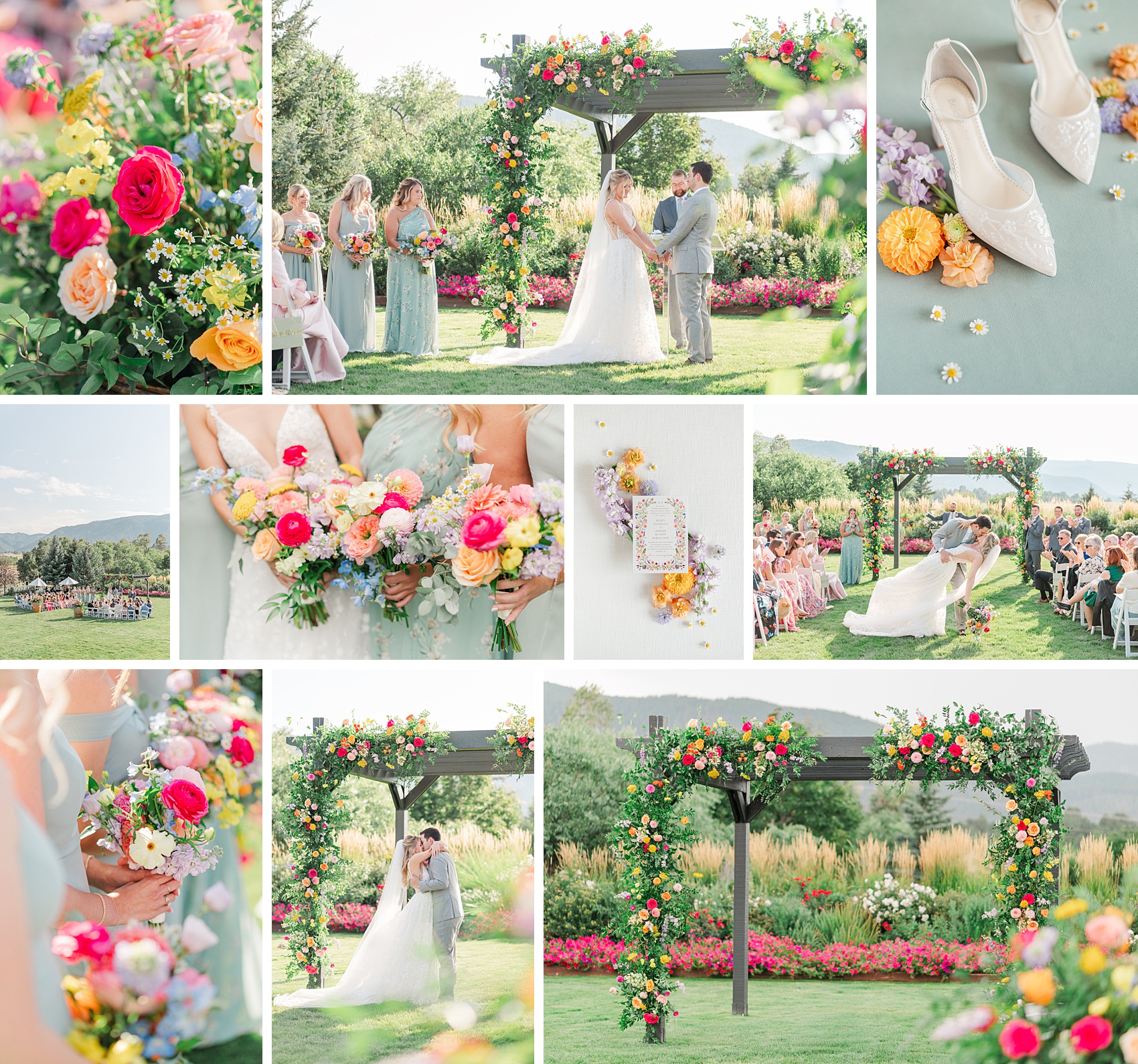 Details of an outdoor wedding ceremony under a colorful flower covered arbor in a garden thanks to Colorado wedding planners