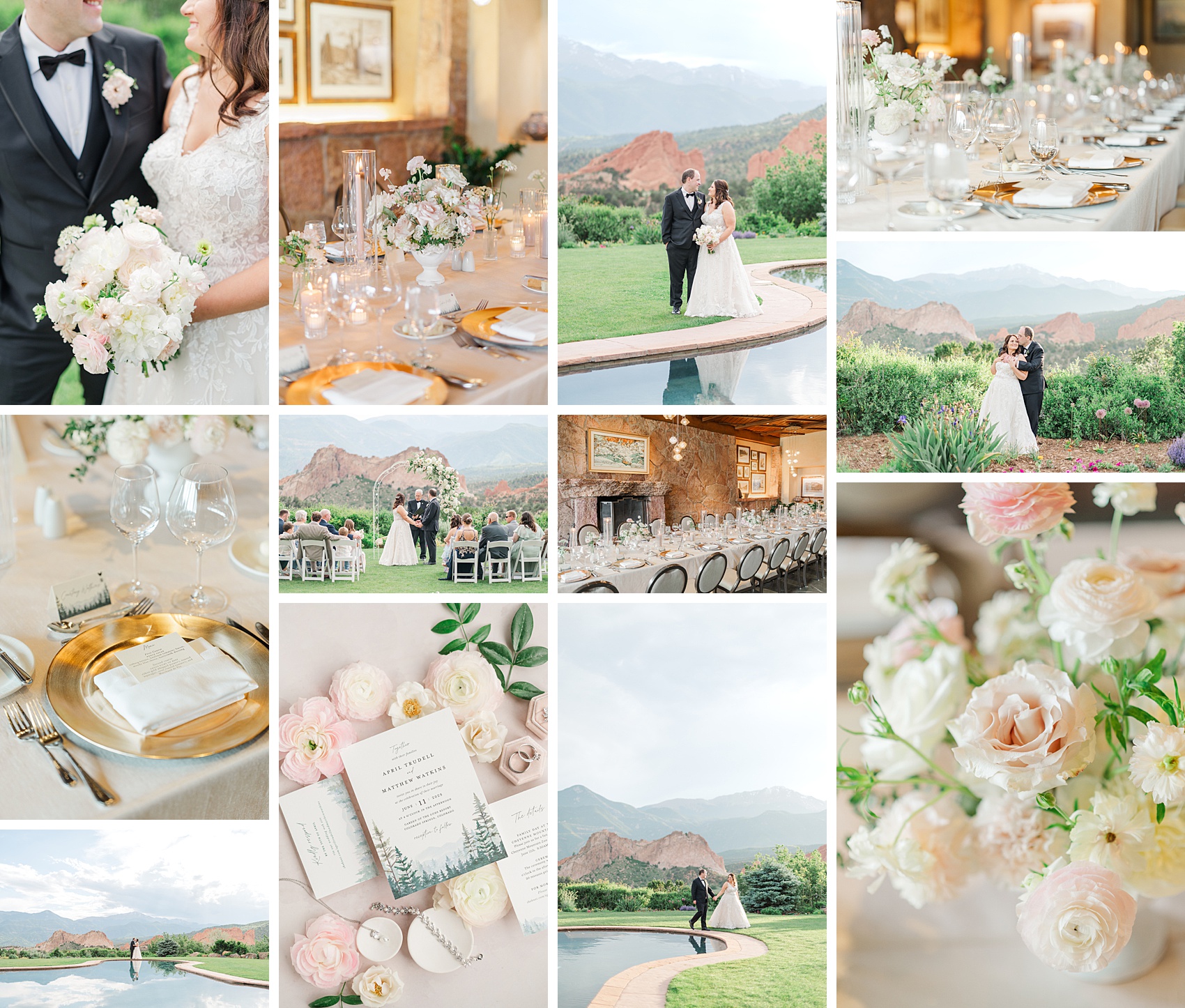 A collage of images from a light and airy garden of the gods wedding by the pool with white and pink roses