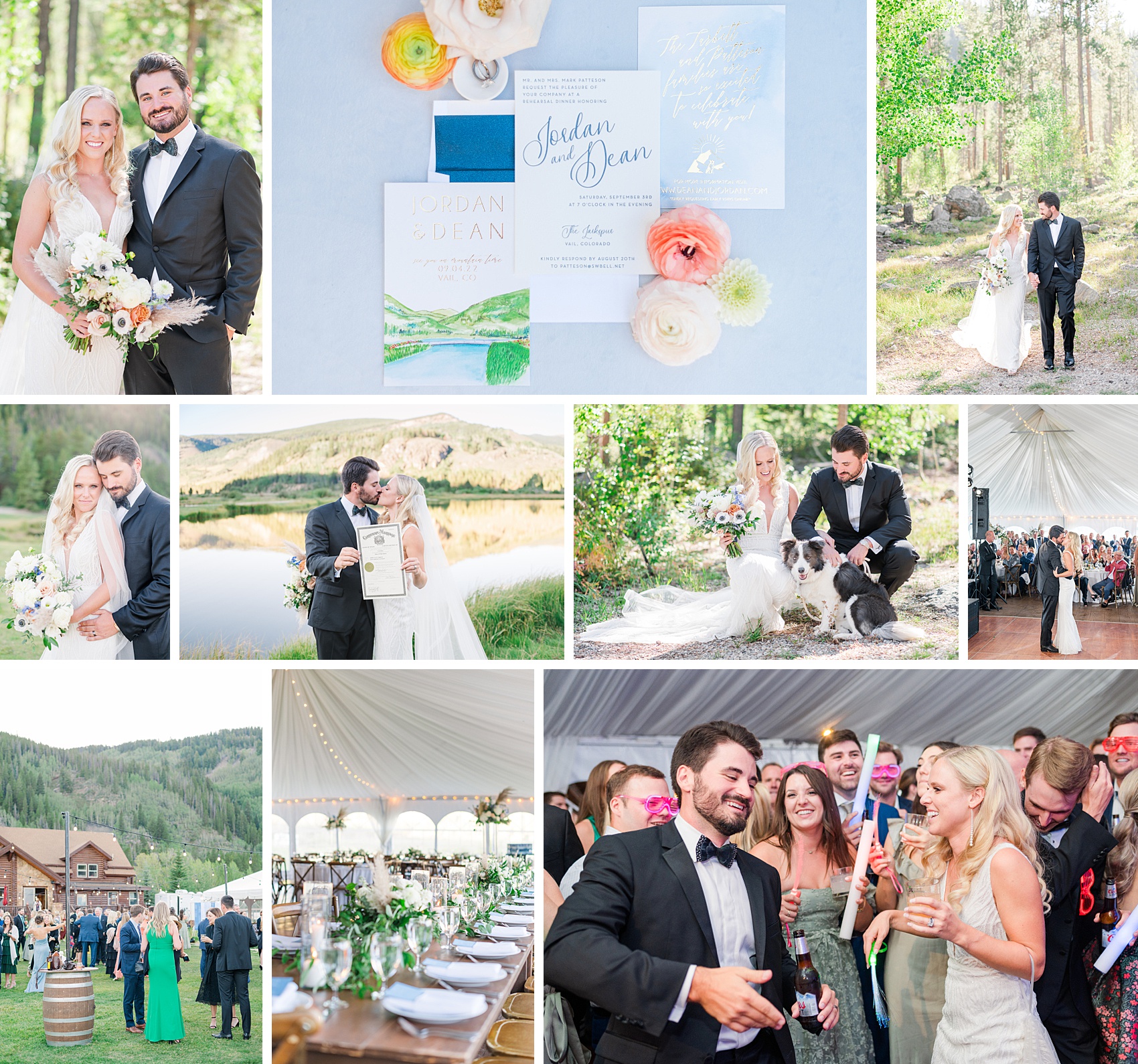 A collage of images from an outdoor ceremony and reception under a tent in the mountains thanks to Colorado wedding planners