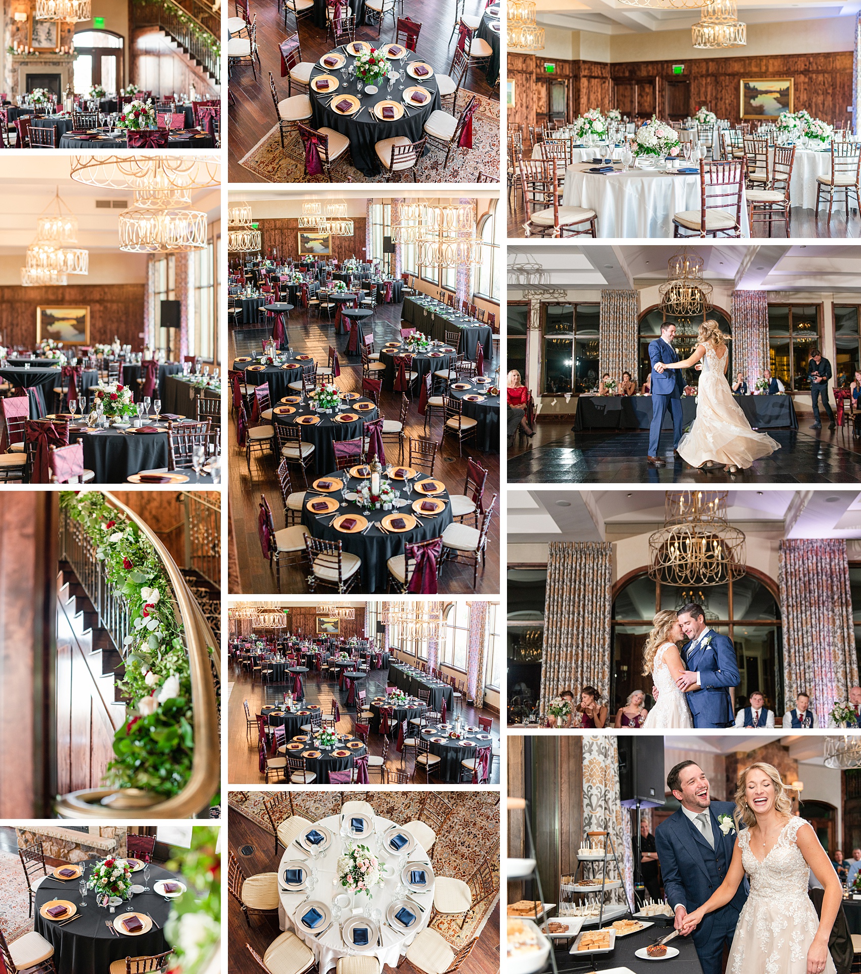 A collection of detail images and dancing newlyweds of a dark themed wedding from Colorado wedding planners