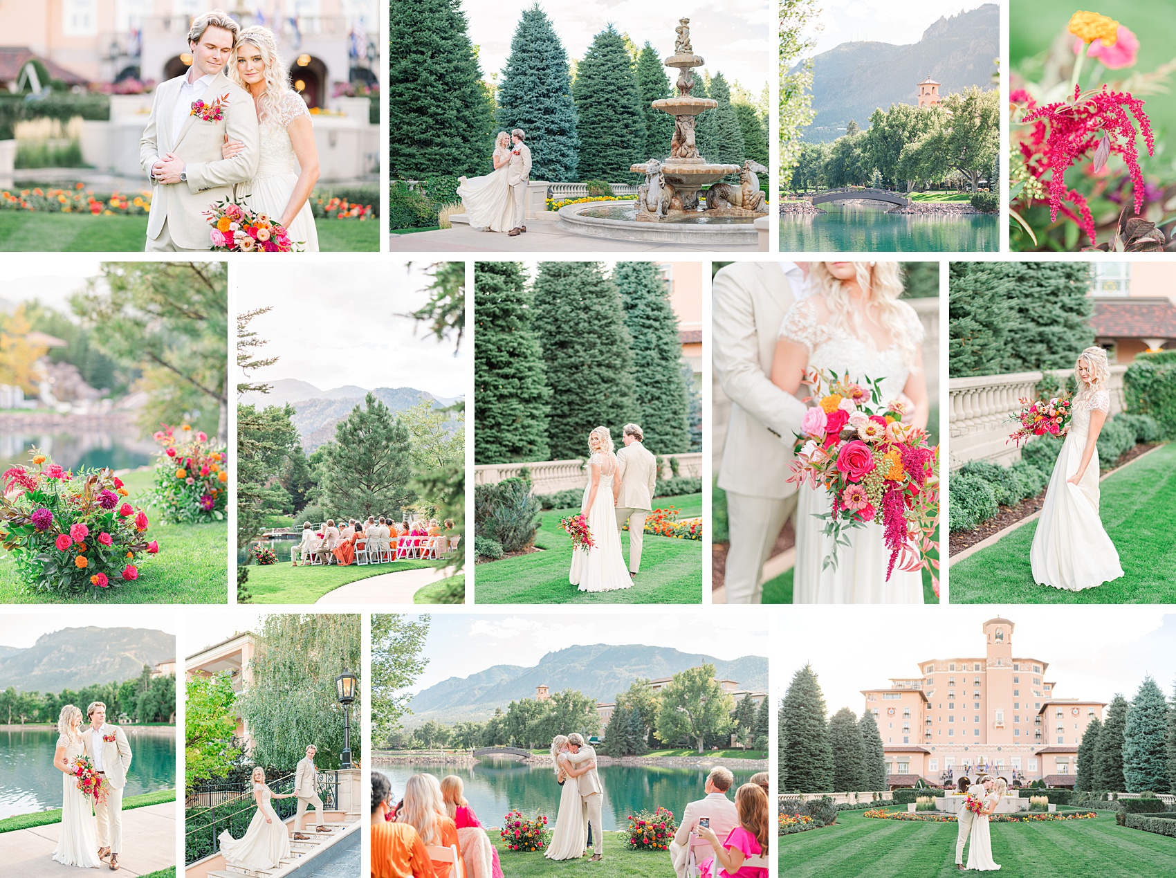 A collection of images from a luxury outdoor wedding reception in a garden by fountains and pond with vibrant pink florals