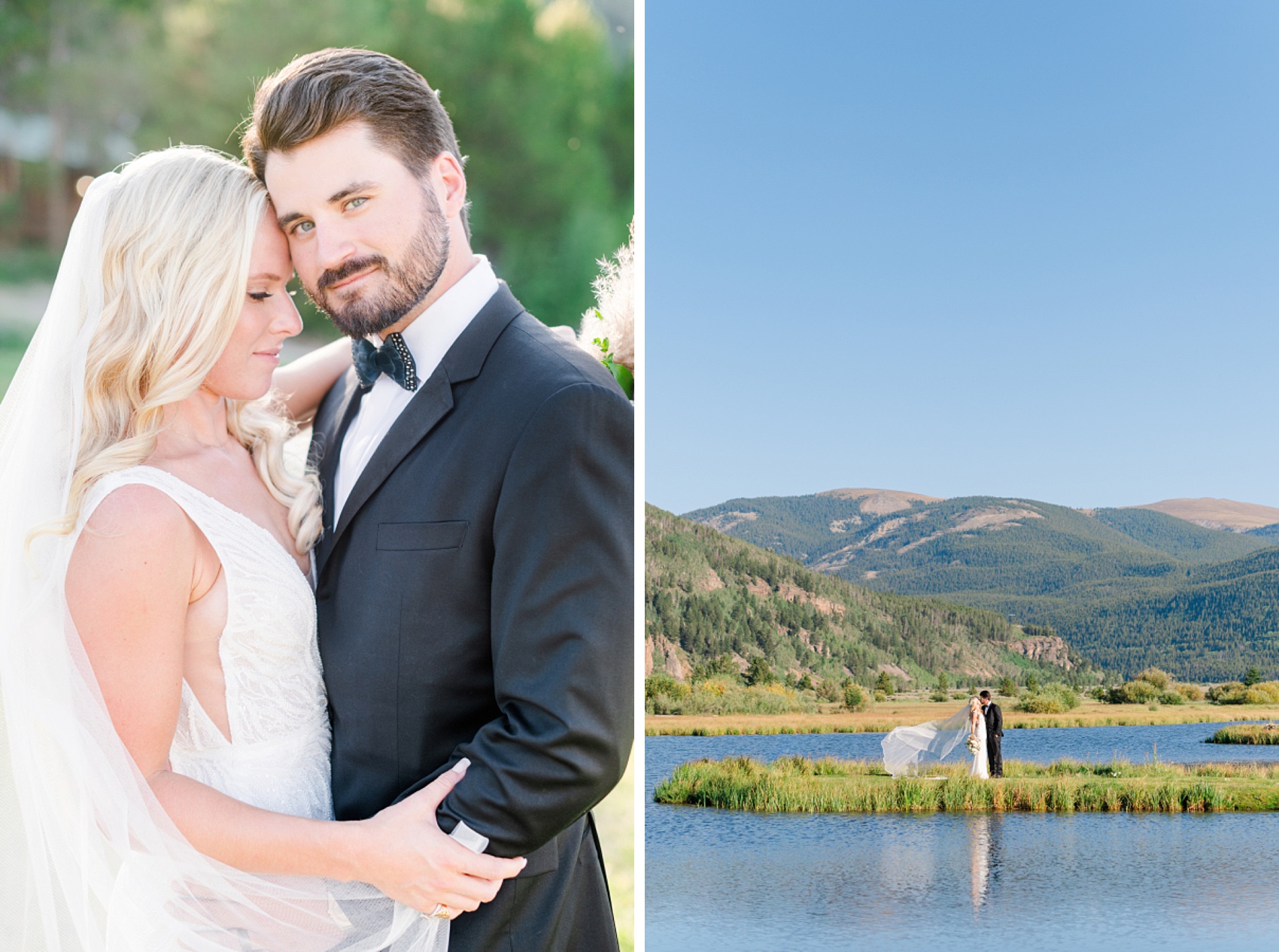 A bride and groom snuggle and smile next to them on a peninsula in a pond in the mountains