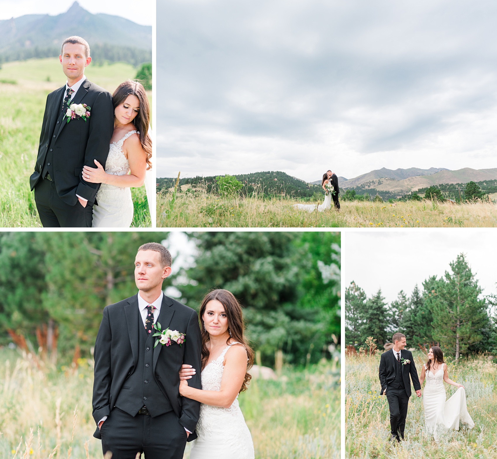 A bride and groom snuggle, kiss and walk in a collage of images in a meadow of tall grass