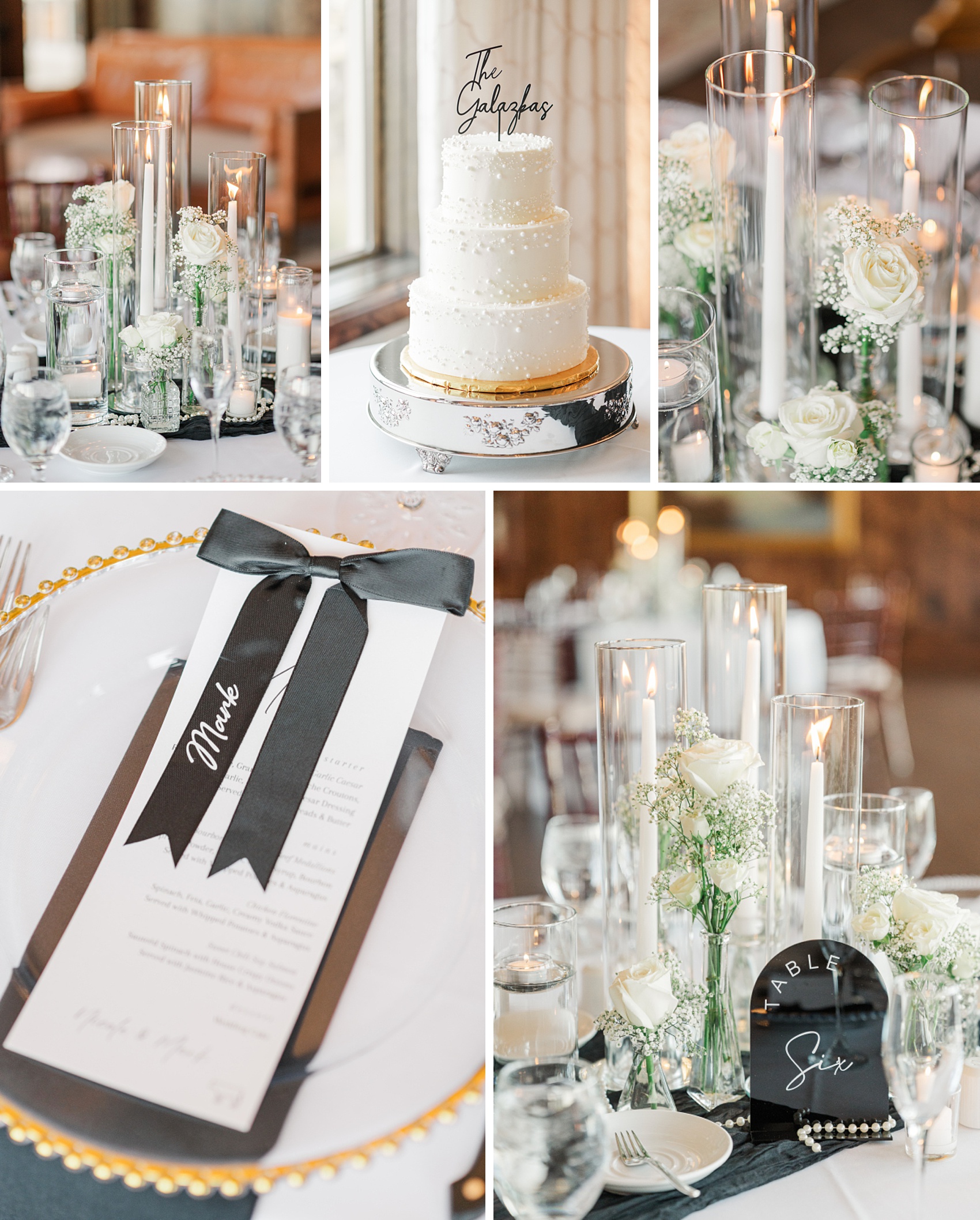 Details of a wedding reception with black, white and gold alongside candles