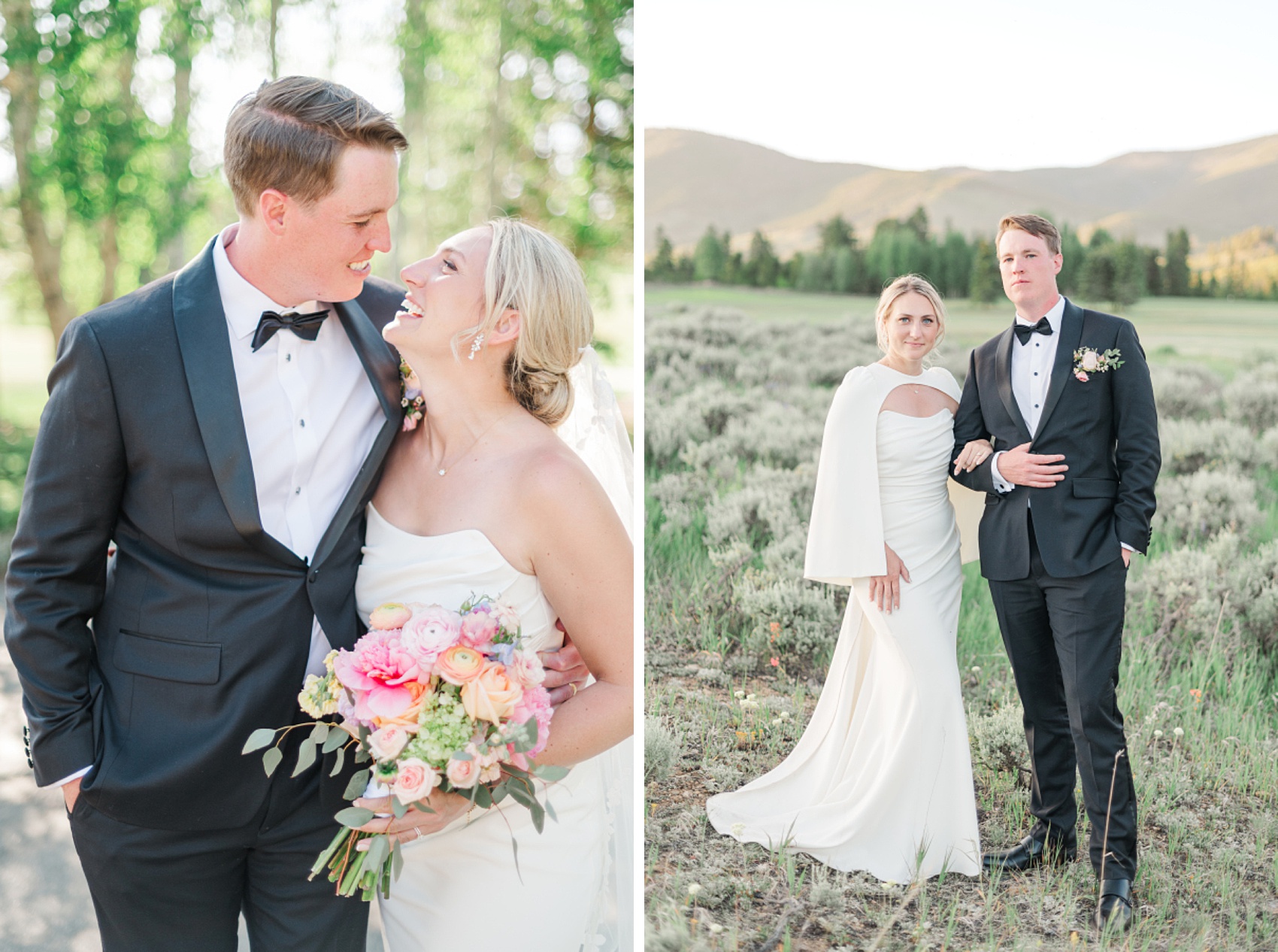 Newlyweds laugh at each other in the forest next to them smiling by a meadow at sunset