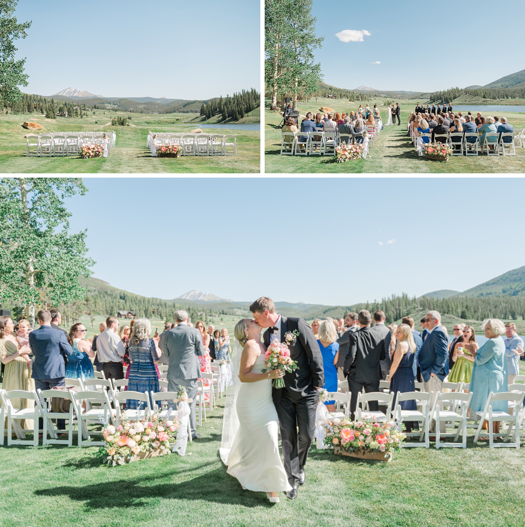 A bride and groom kiss in the aisle below their ceremony space with and without people in a meadow by a pond at one of the Colorado Mountain Wedding Venues
