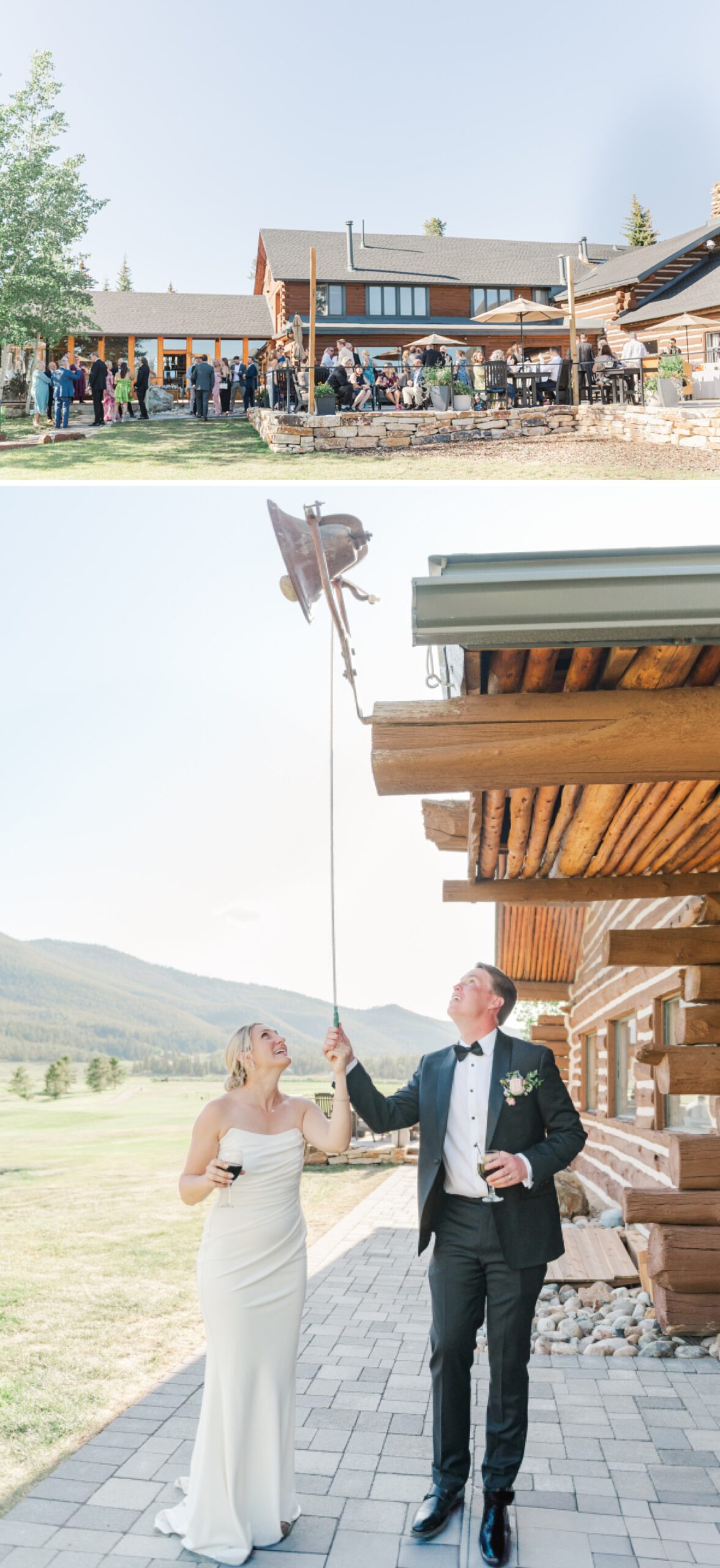 Newlyweds ring a bell below their active cocktail hour at a log cabin style Colorado Mountain Wedding Venues
