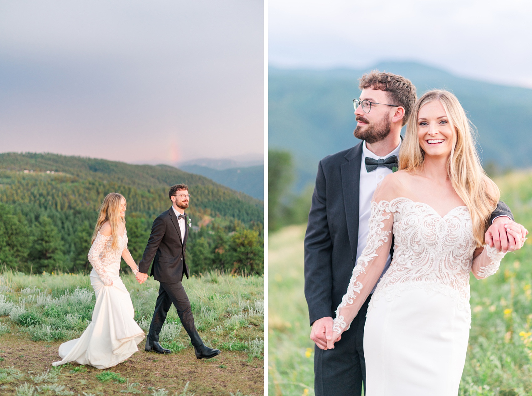 Newlyweds laugh and smile while hiking at sunset and holding hands at one of the Colorado Mountain Wedding Venues