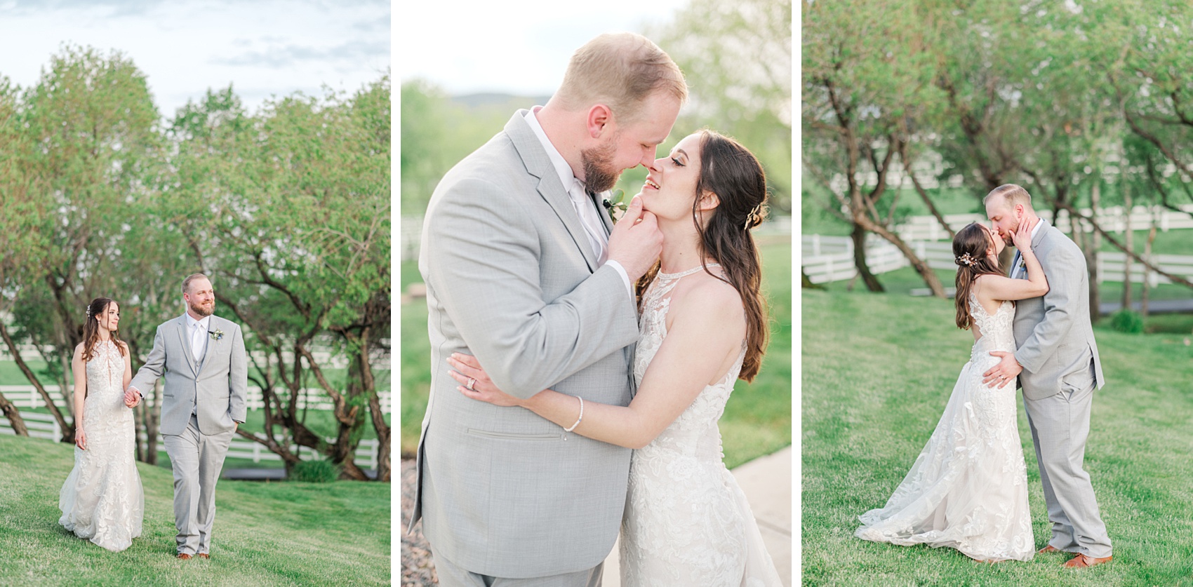 Newlyweds walk holding hands in a pasture next to them leaning in for a kiss and an embrace at one of the Colorado Mountain Wedding Venues