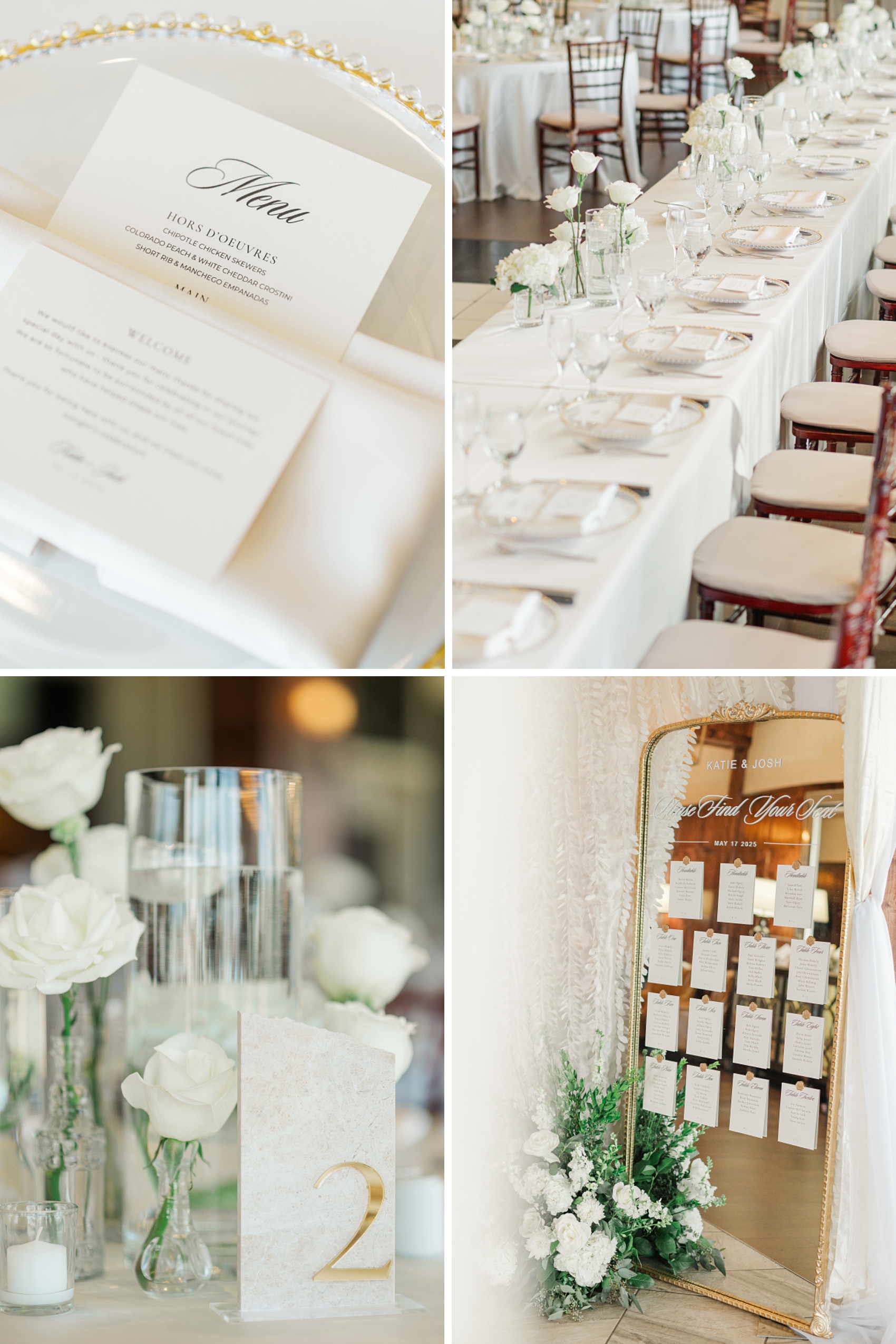 Details of custom Colorado Mountain Wedding Venue reception details with table sign, menu and white roses