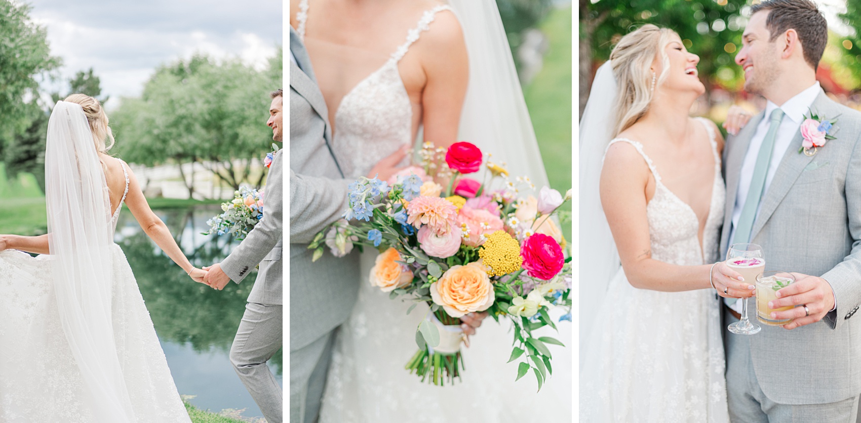 Newlyweds laugh and walk hand in hand by a pond next to the bouquet and cocktails toast