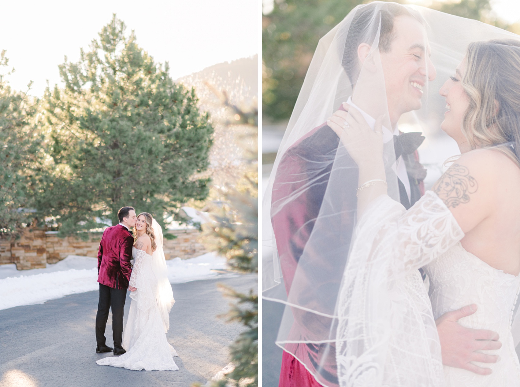 Newlyweds share a smile under the veil next to a cheek kiss at sunset