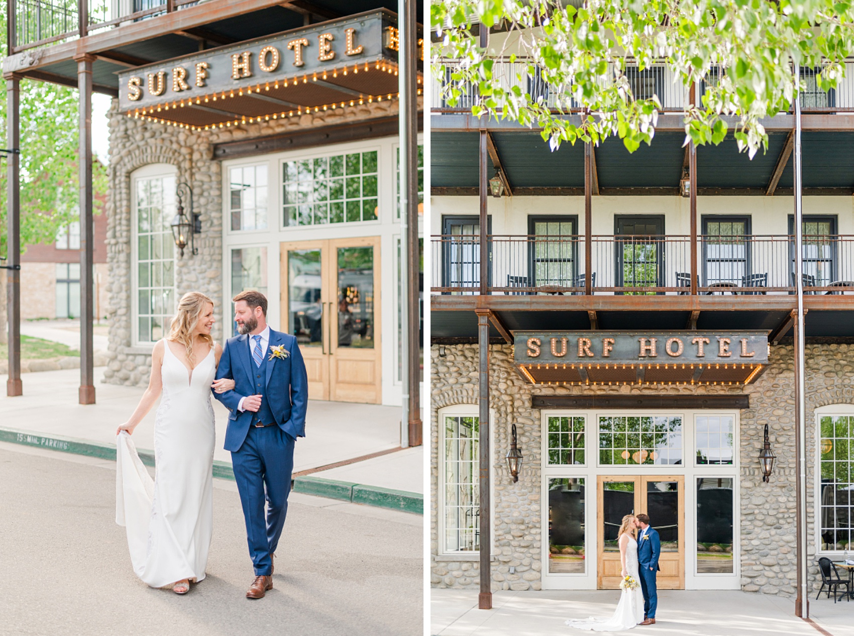 A groom in blue walks his bride down the downtown street outside Colorado Mountain Wedding Venue Surf Hotel