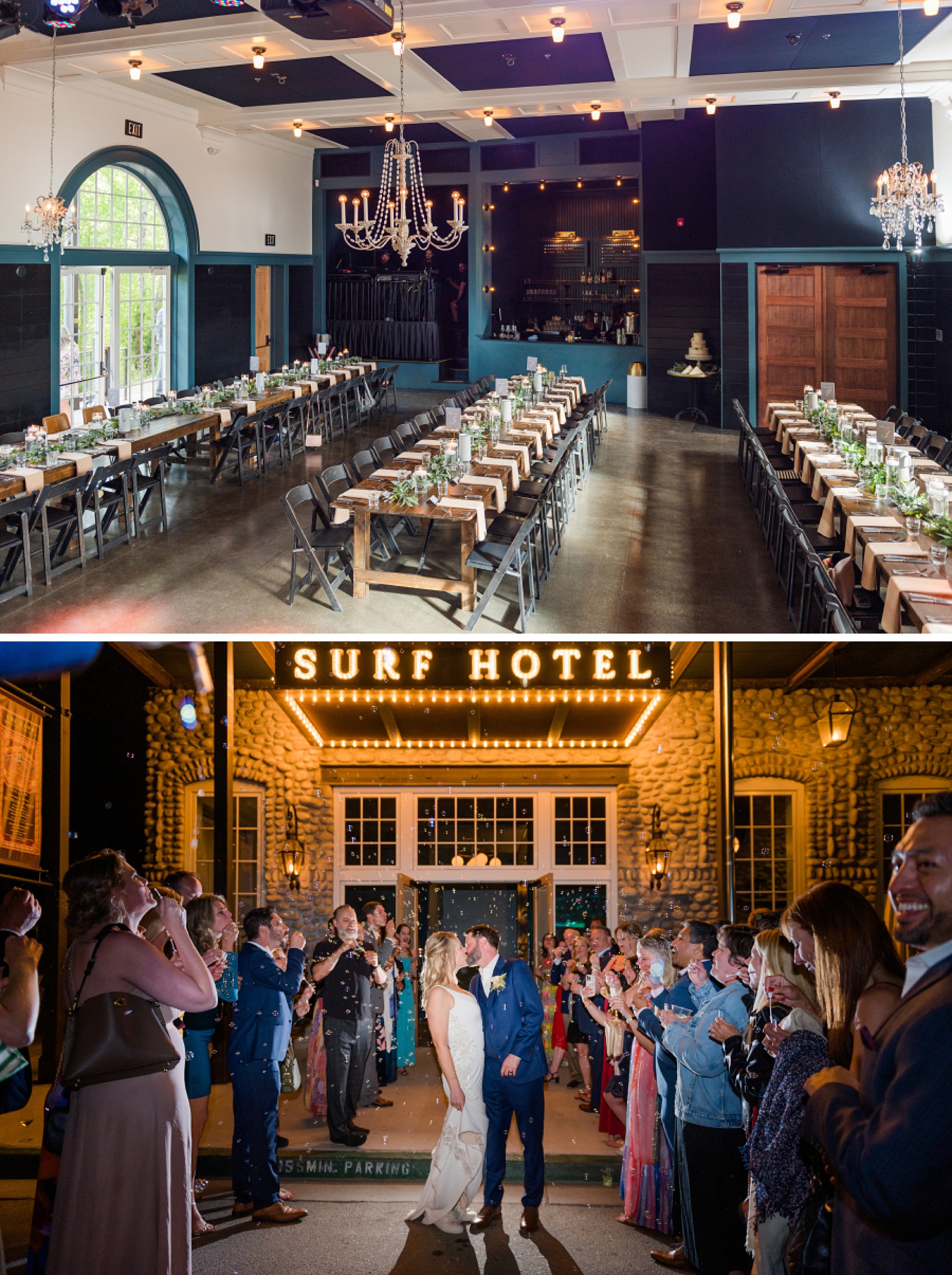 Newlyweds kiss as bubbles float around them blown from guests in the Surf Hotel marquee at one of the Colorado Mountain Wedding Venues