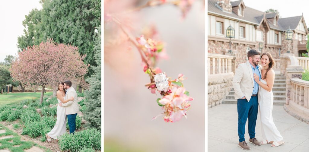 newlyweds snuggle in a garden while giggling next to them laughing on a stone path and a details of engagement ring on pink flower buds