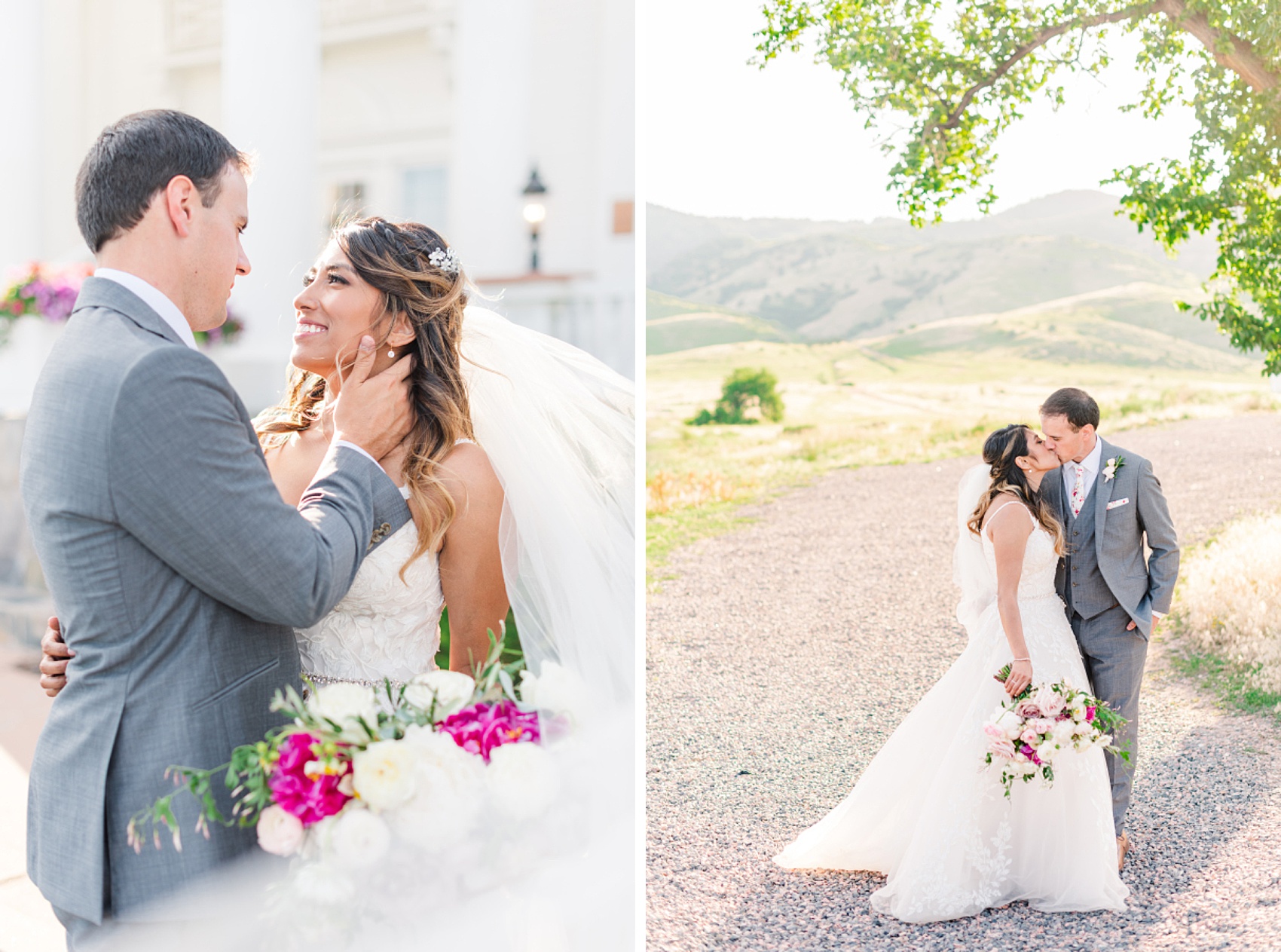 A bride smiles up to her groom in a hug next to them kissing under a tree on a gravel path at sunset