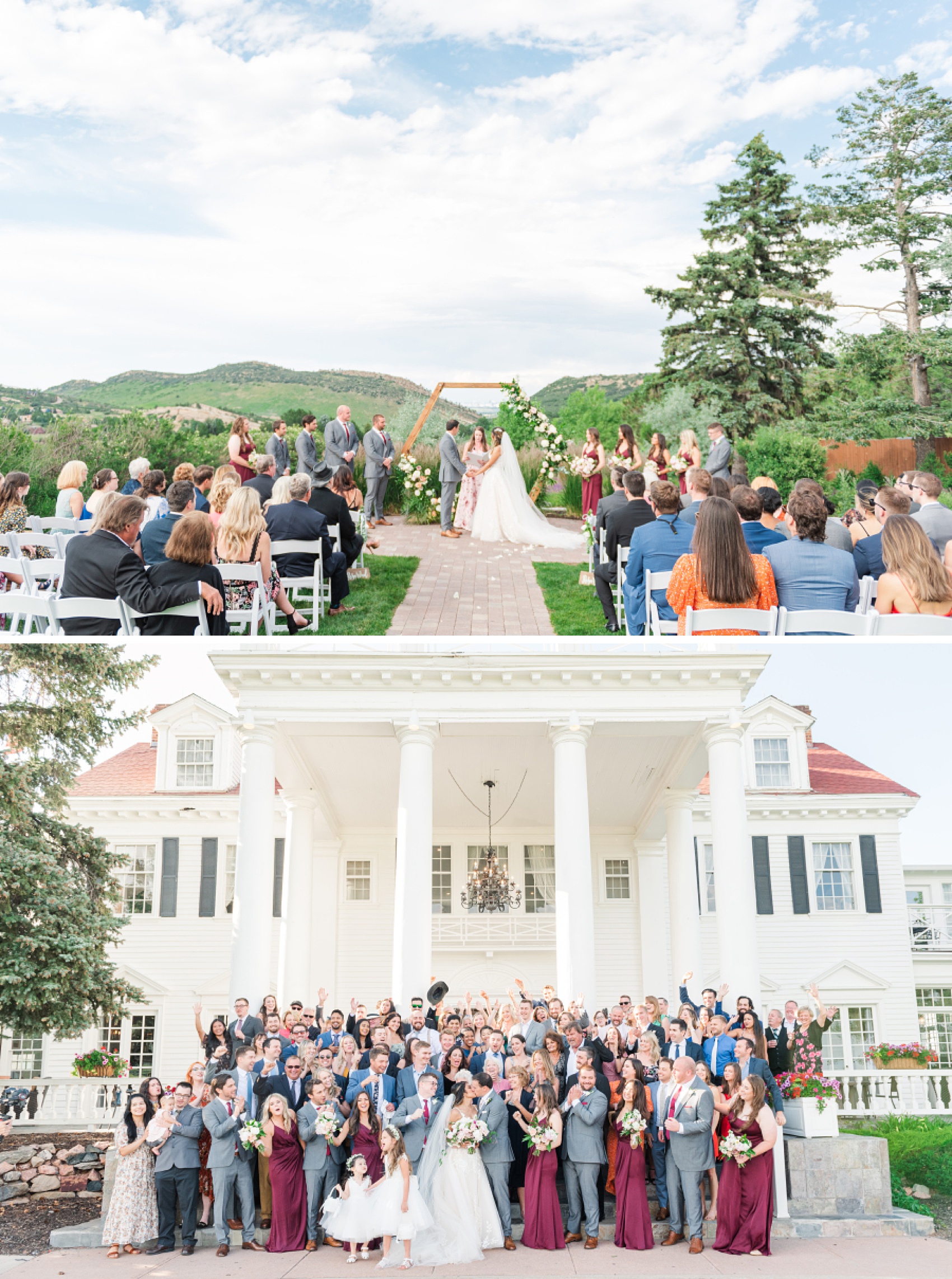 A bride and groom stand at the altar holding hands during their outdoor ceremony above them kissing surrounded by guests at on the front steps of one of the Denver Wedding Venues