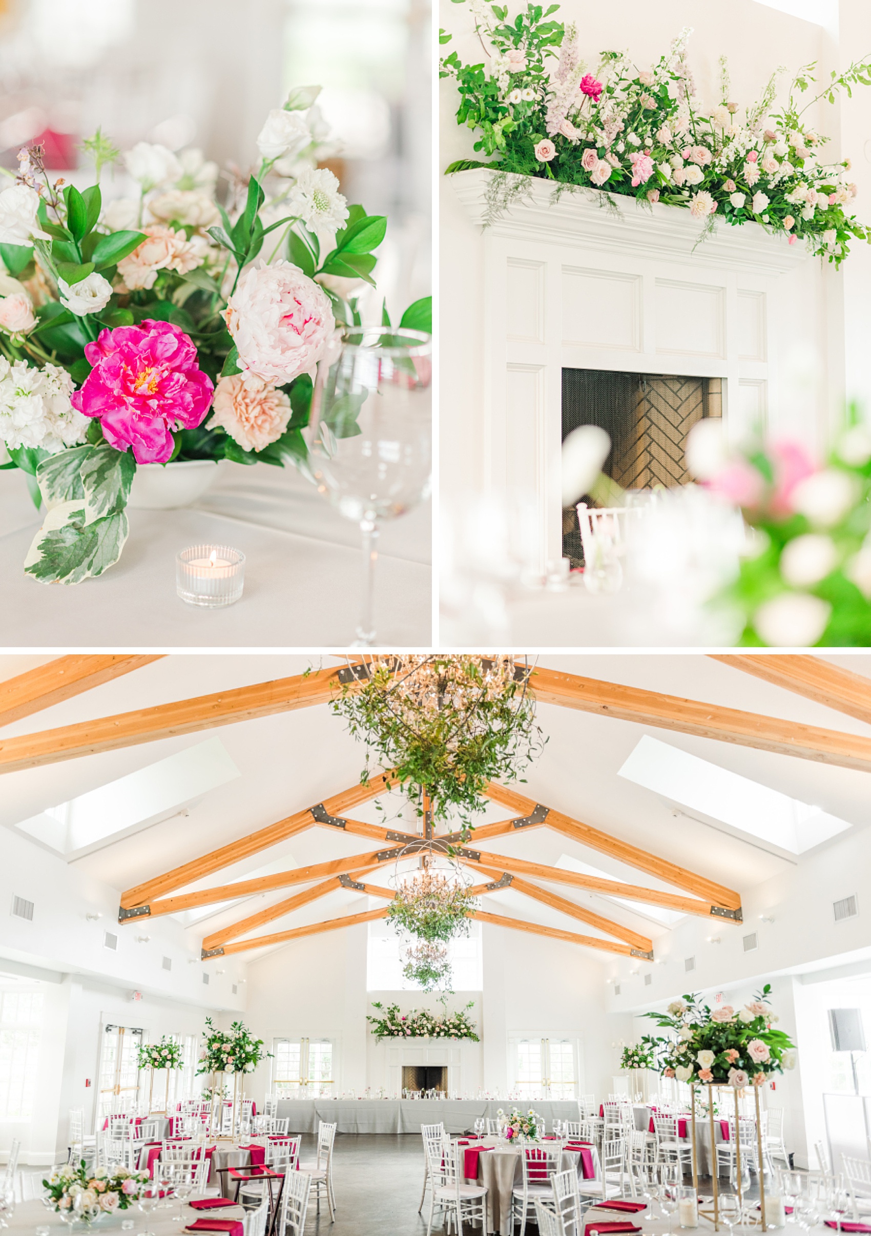 Details of a stunning white reception room with exposed beams at one of the Denver Wedding Venues