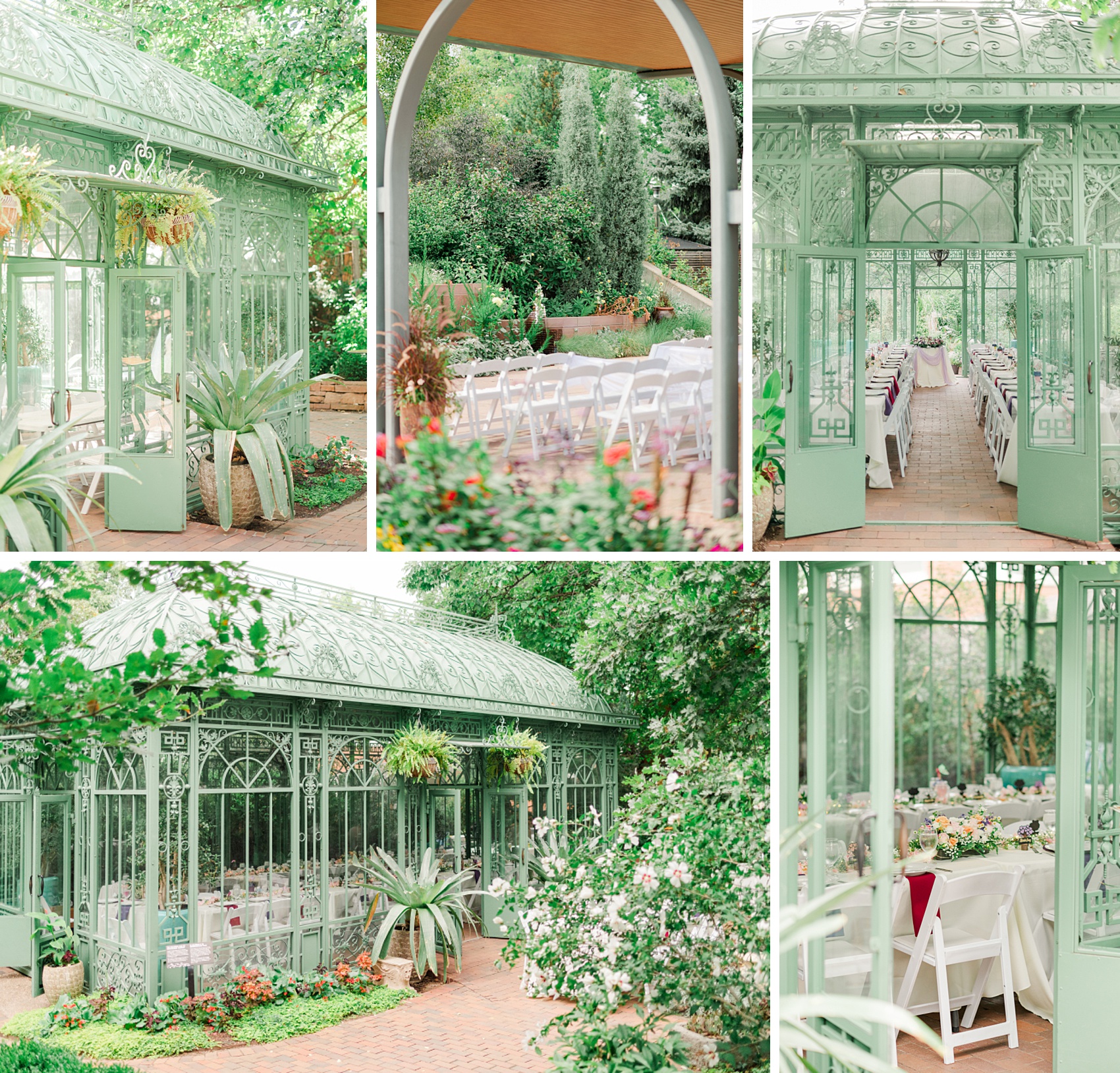 Details of a greenhouse reception space set up with vibrant flowers