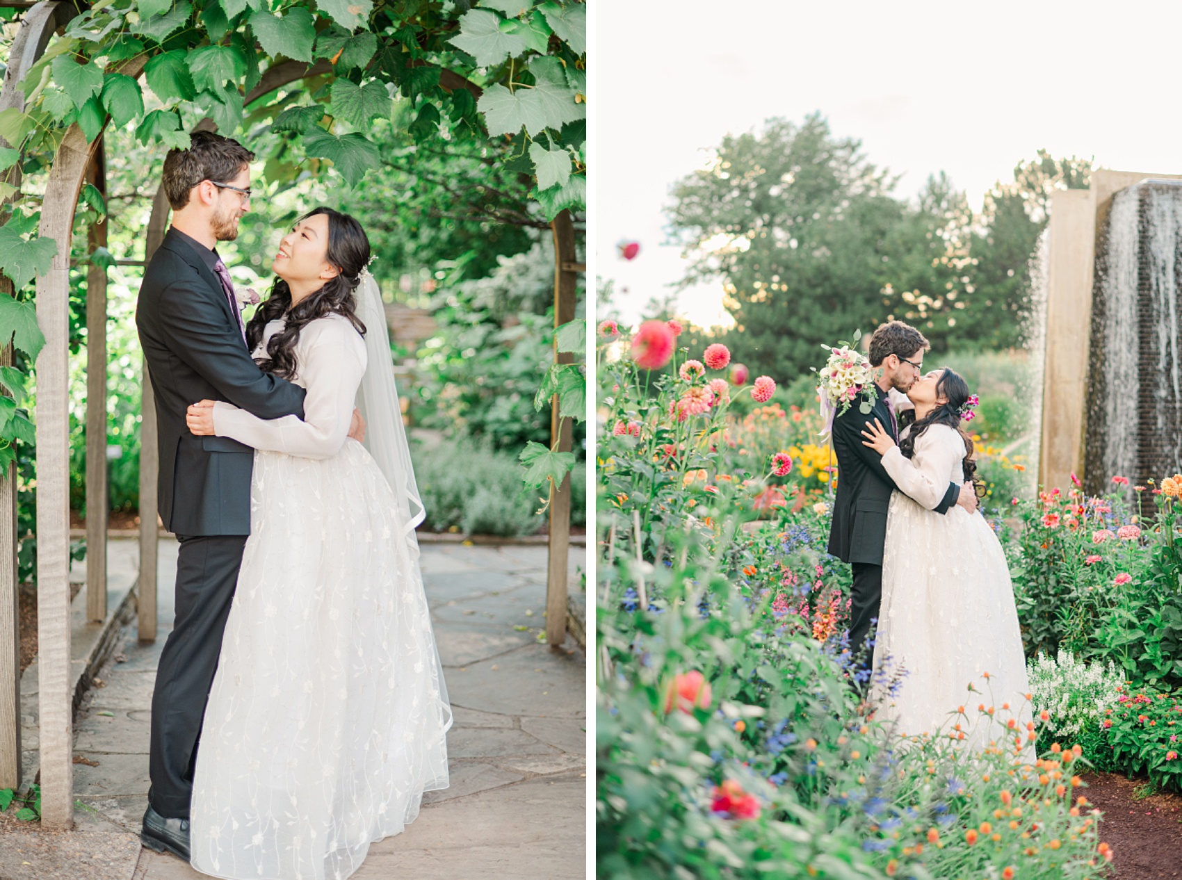 A bride and groom snuggle and kiss in a vibrant garden with a fountain