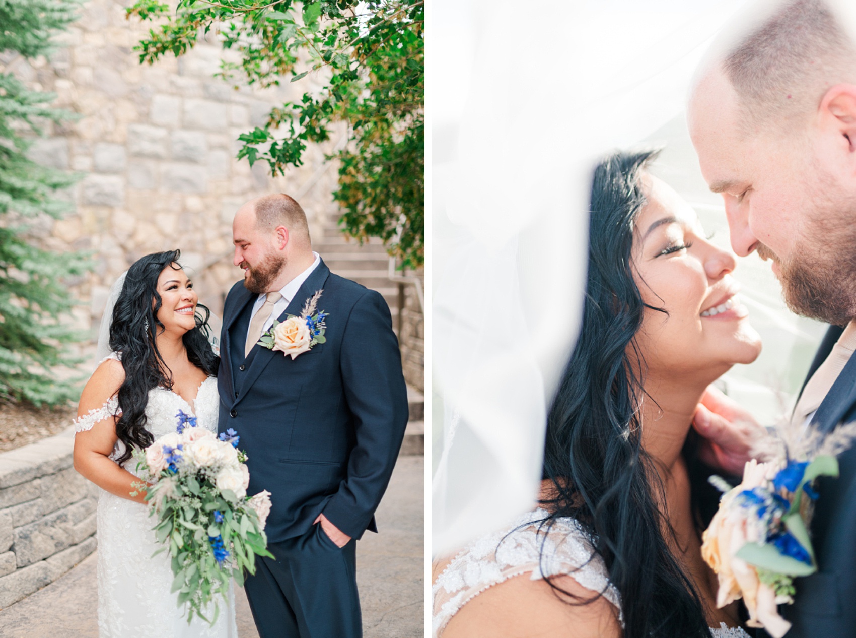 Newlyweds smiles at each other and lean in for a kiss in a garden patio and under the veil