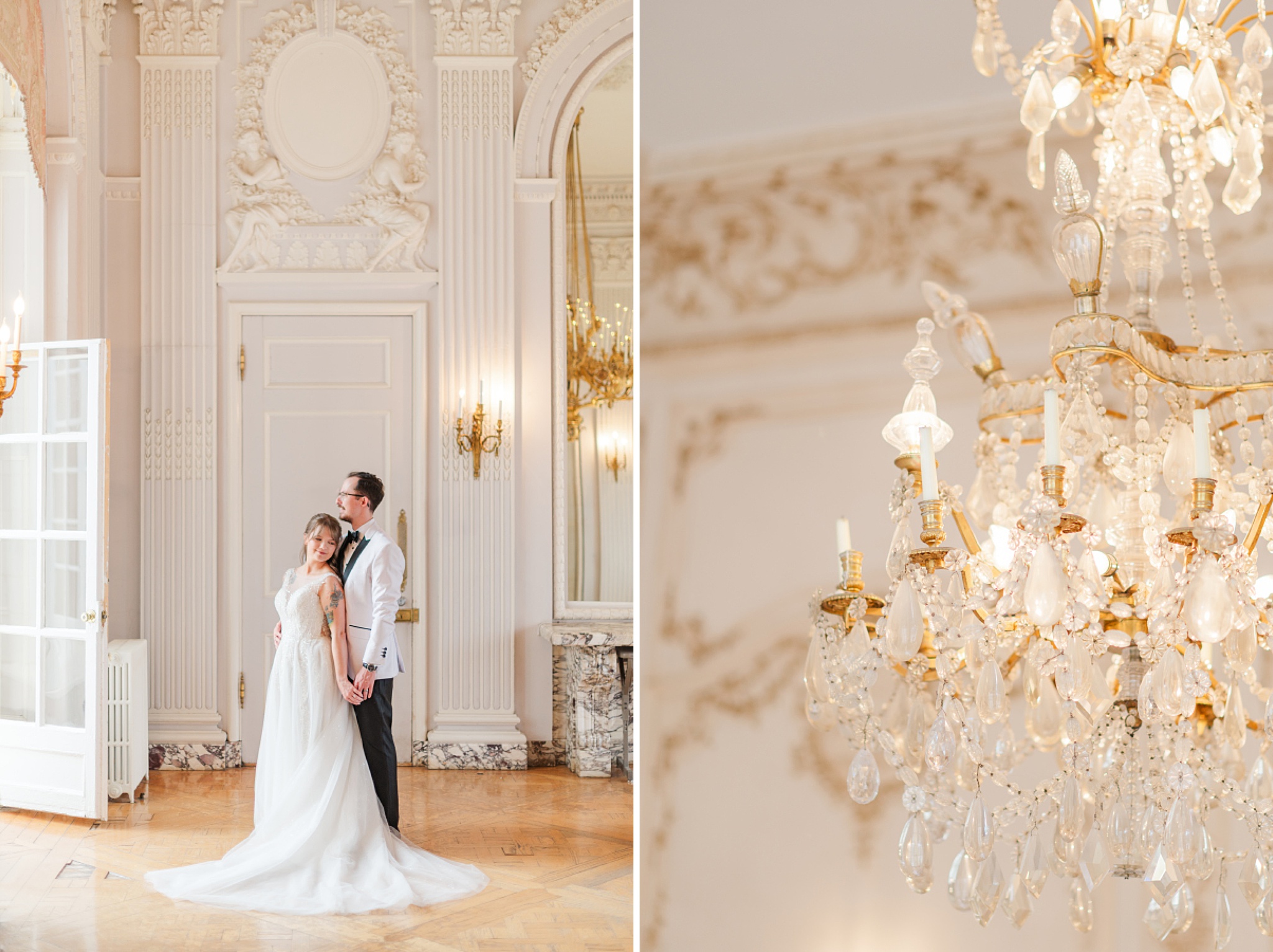 a bride and groom cuddling holding hands in a doorway of one of the ornate victorian style Denver Wedding Venues