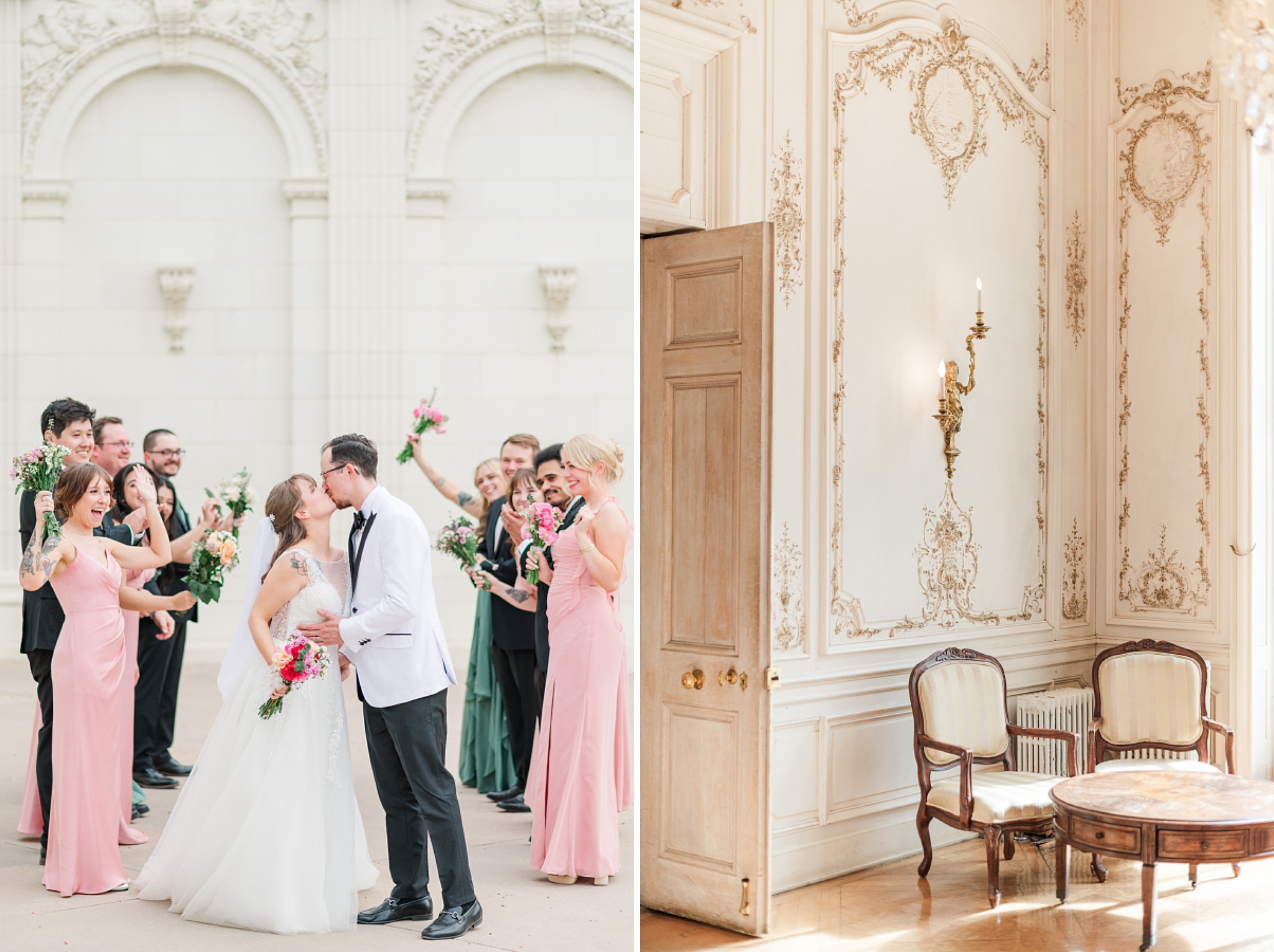 couple kissing after getting married and ornate designs of a getting ready suite