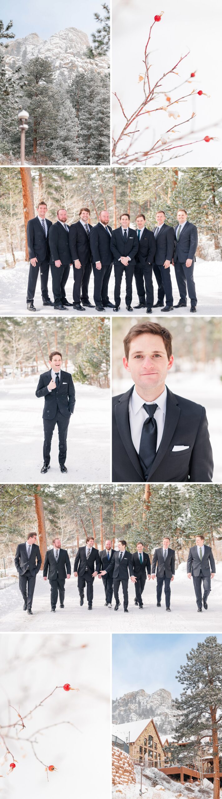 A groom walks and smiles with his groomsmen with detail shots around the Della Terra Chateau wedding venue