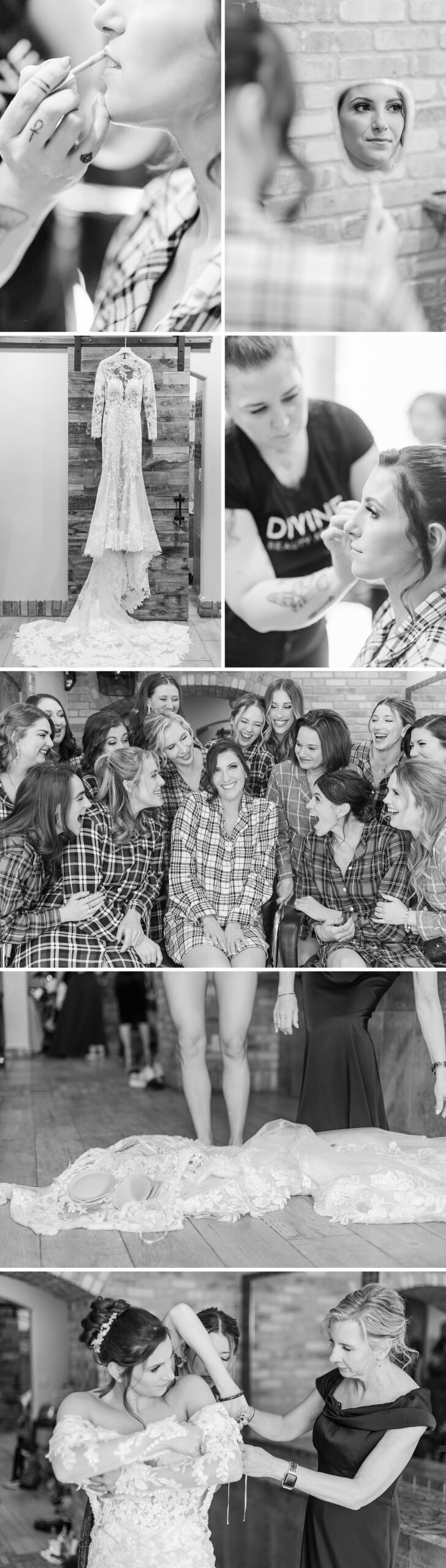 A collage of images of the bride getting ready with hair, makeup and the gown with her in pajamas with her bridesmaids before her Della Terra Chateau wedding