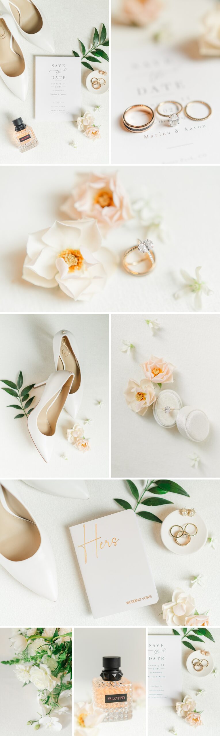 Bridal details with rings, roses, shoes and invitations and perfume
