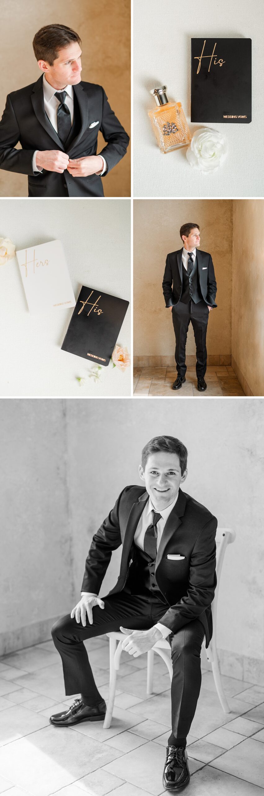 A groom gets ready in a stucco room and sits on a chair with his details