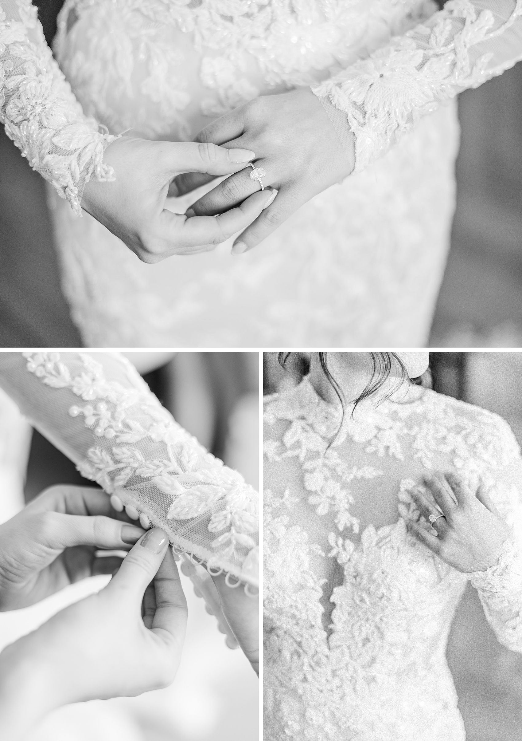 Details of a bride getting into her lace embroidered gown in black and white