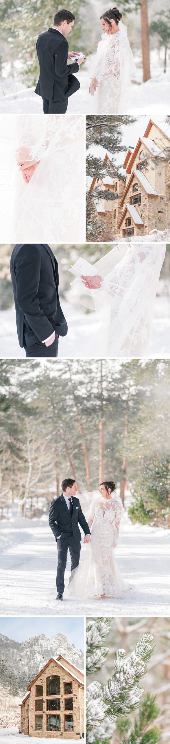 A bride and groom walk holding hands in the snow covered trails of the beautiful Della Terra Chateau wedding venue