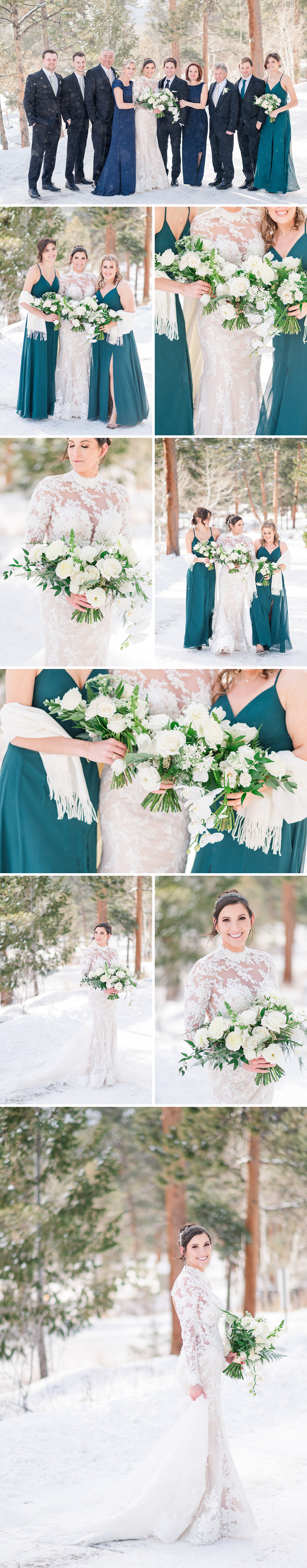 A collage of images of the bride with her bridesmaids in teal in the snow holding white rose bouquets