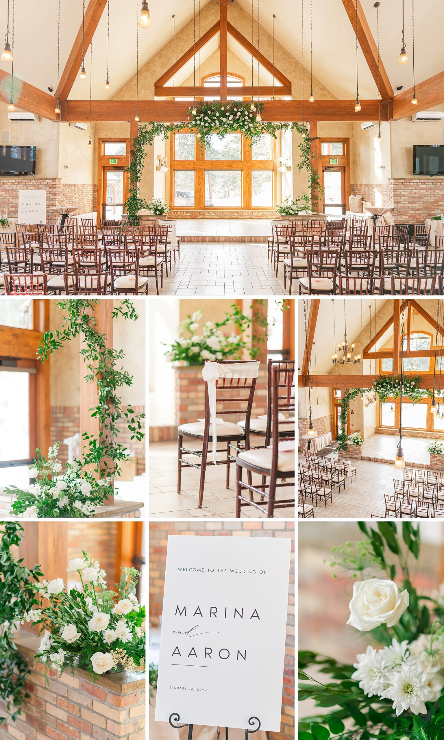 Details of an indoor Della Terra Chateau wedding ceremony with wooden chairs, white roses and custom welcome sign