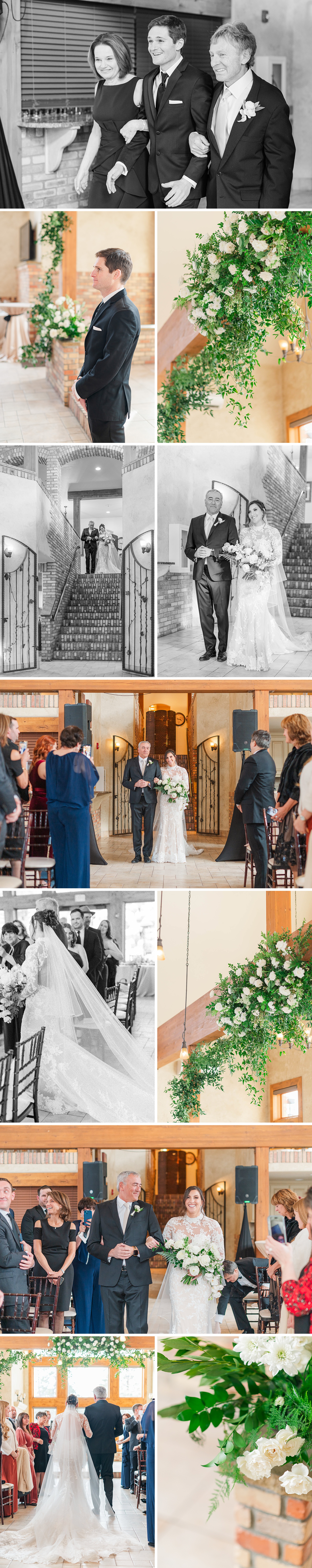 A collage of images of the bride walking the grand staircase and aisle with dad to her ceremony