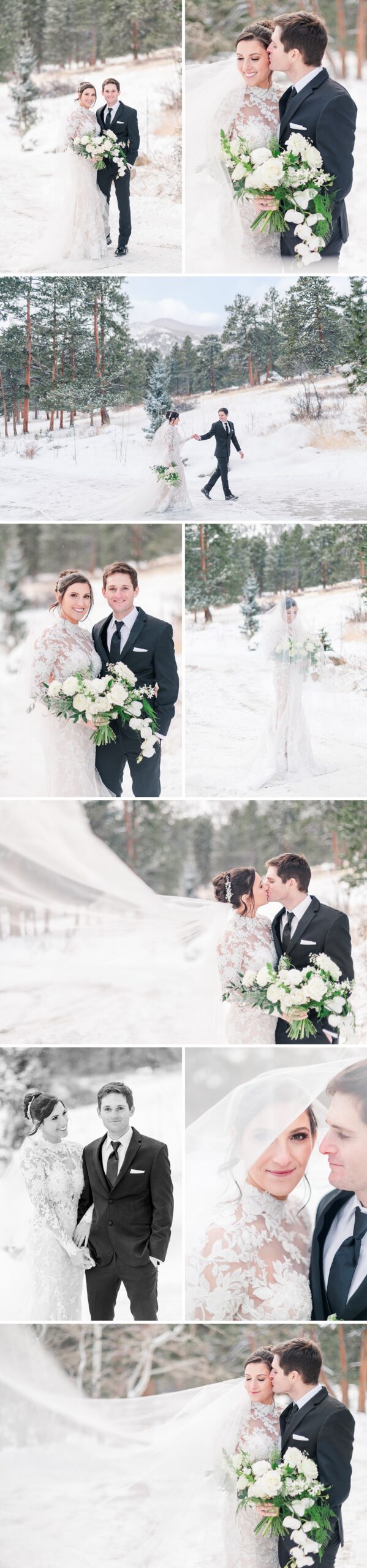 A collage of images of a bride and groom snuggling as the veil flows in the wind and playing in the snow