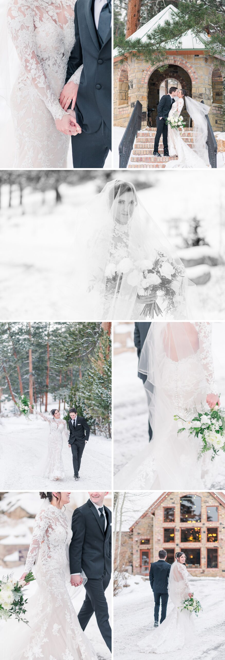 Newlyweds walk through the snow and kiss in an archway during their Della Terra Chateau wedding