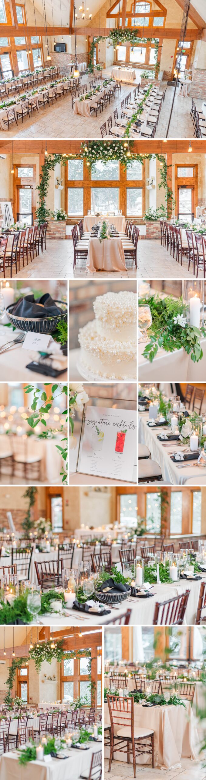 A collage of details images from a Della Terra Chateau wedding reception with white flowers, candles and greenery everywhere