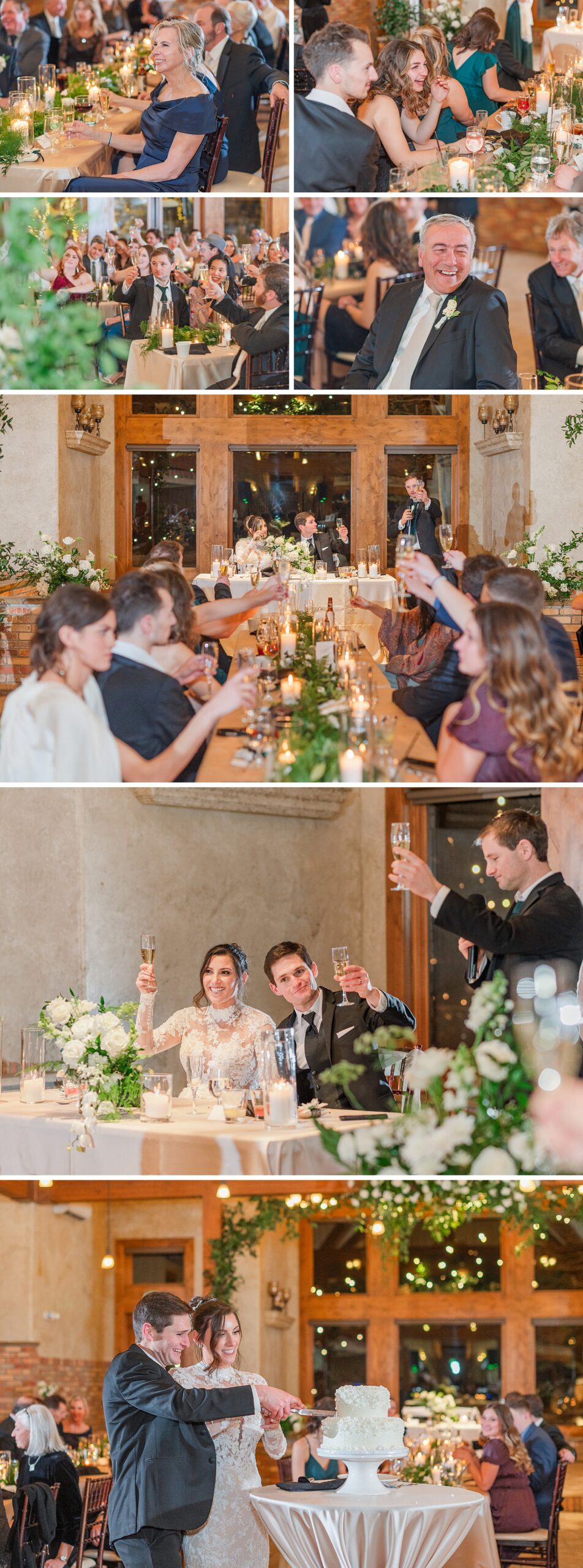 A collage of images from a wedding reception during funny toasts and cake cutting