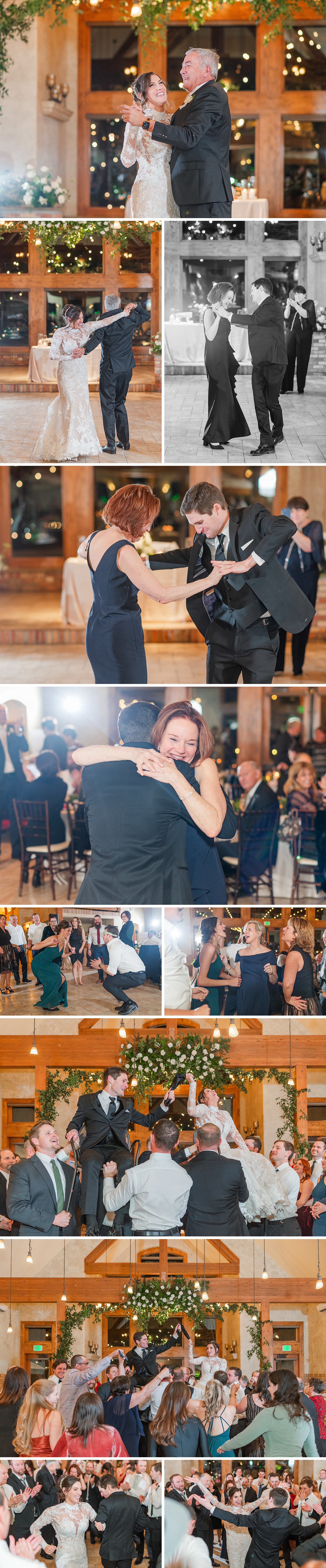 A collage of images from a lively wedding reception with dancing and big hugs