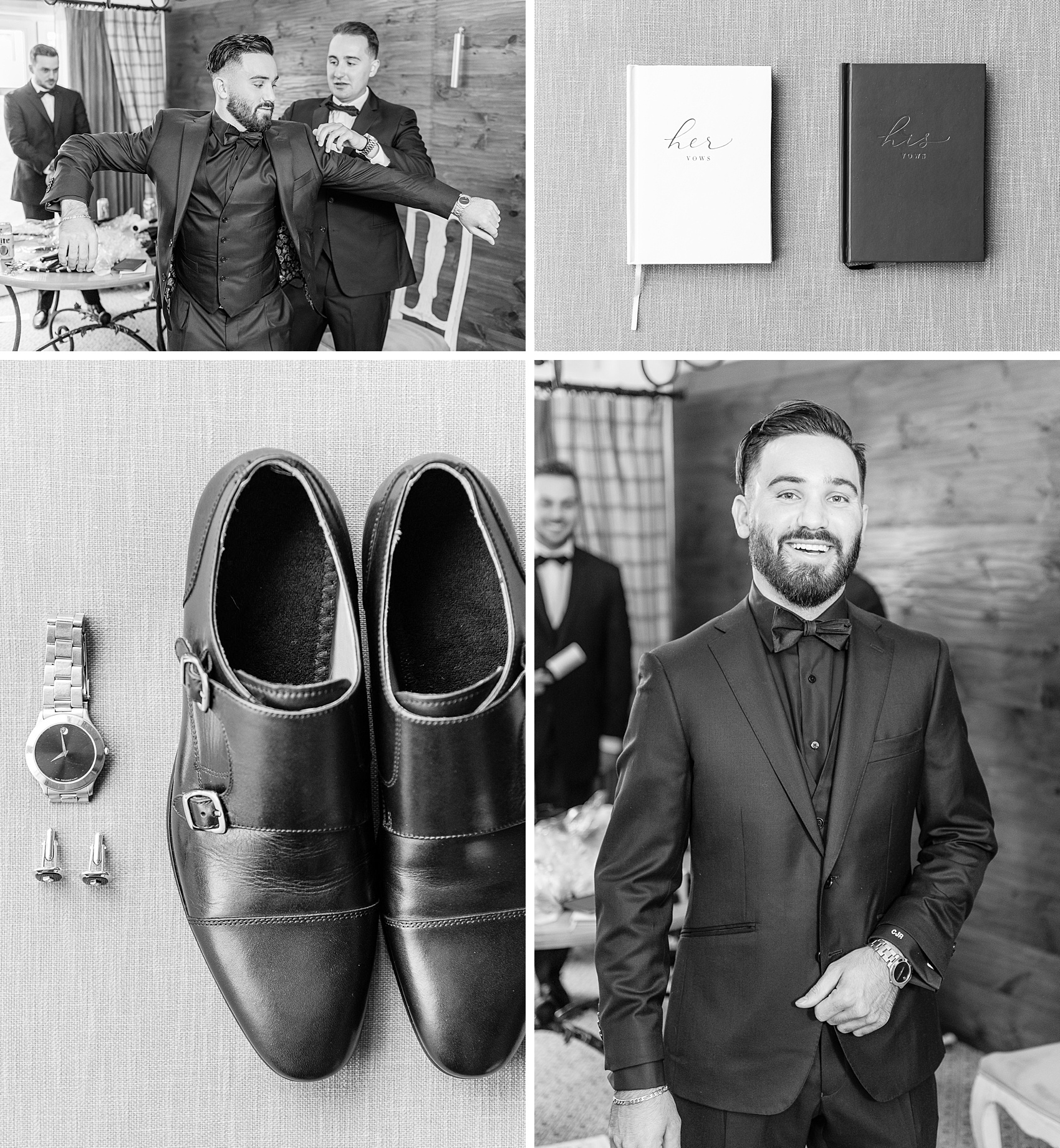 Details of a groom getting ready with his shoes and watch and the vow books