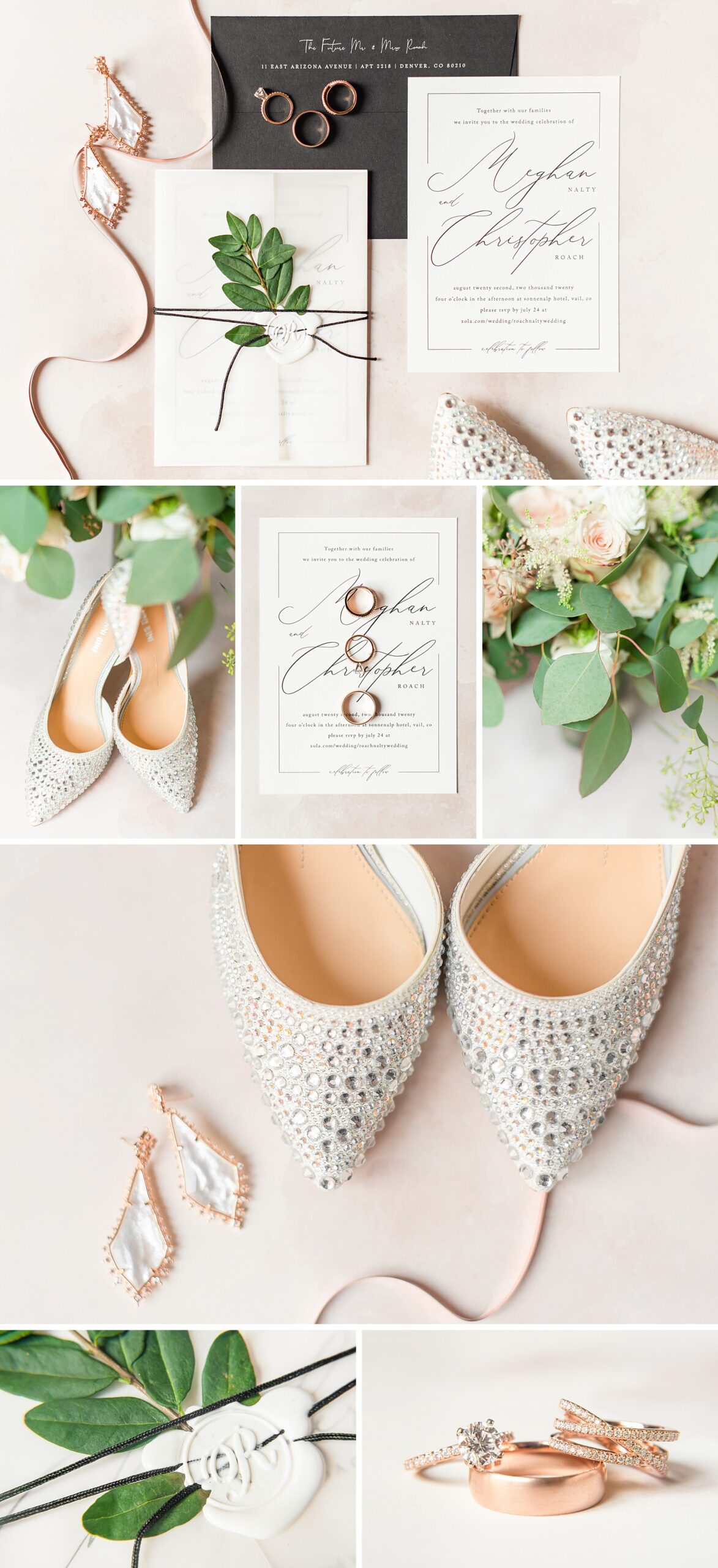 Bridal details with shoes, earrings, gold rings and invitations on a white table