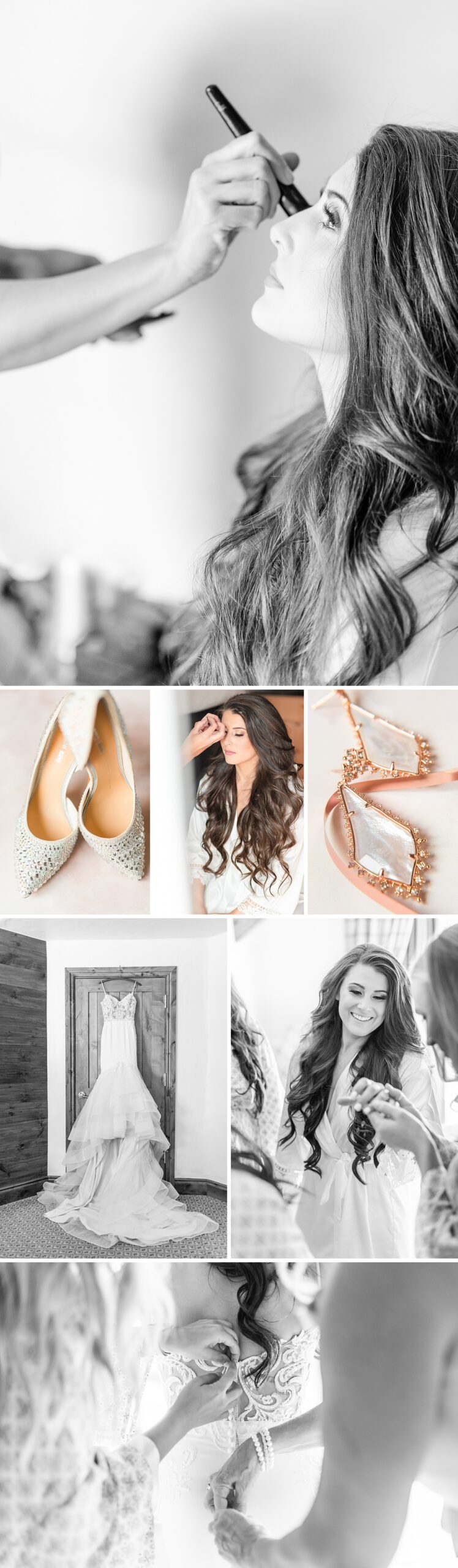 Black and white collage of a bride getting ready with makeup and tied into her gown