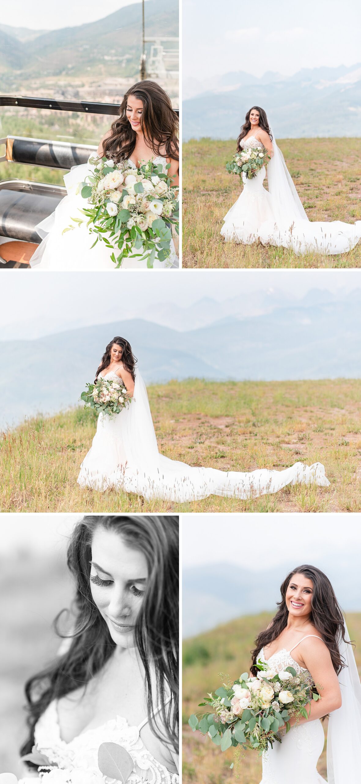 A bride in a collage of images on a mountaintop and on ski lift holding her large white bouquet at the sonnenalp vail wedding venue